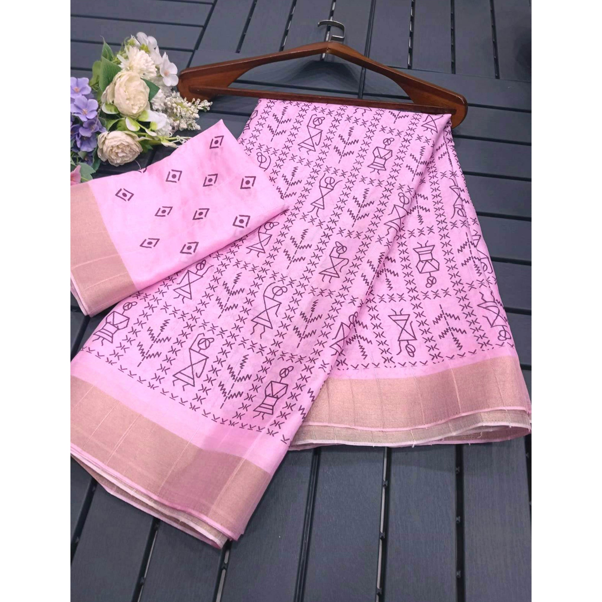 Pink Digital Printed Dola Silk Saree With Jacquard Zari Border