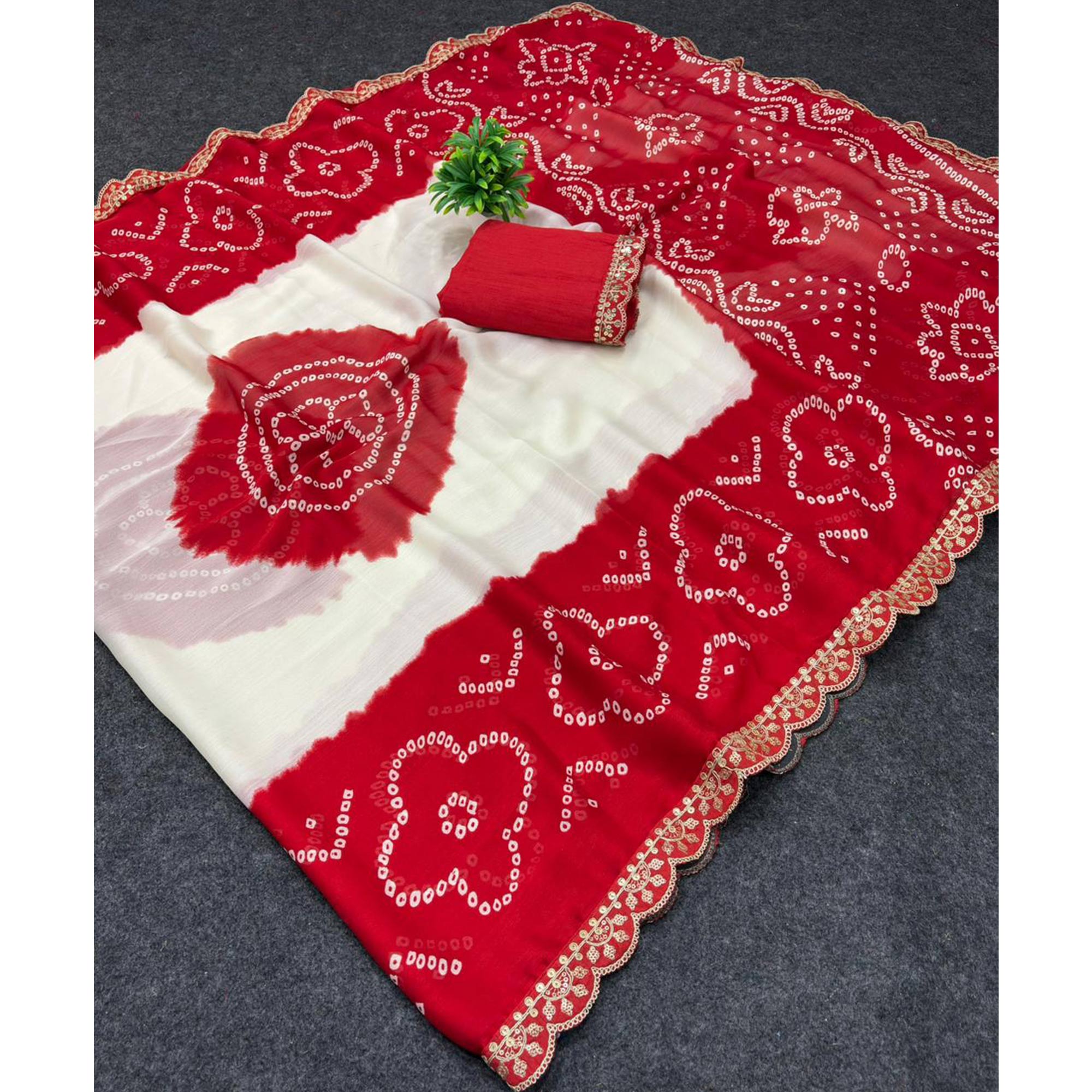 Red & White Traditional Bandhani Printed Moss Chiffon Saree with Shimmering Sequins Work