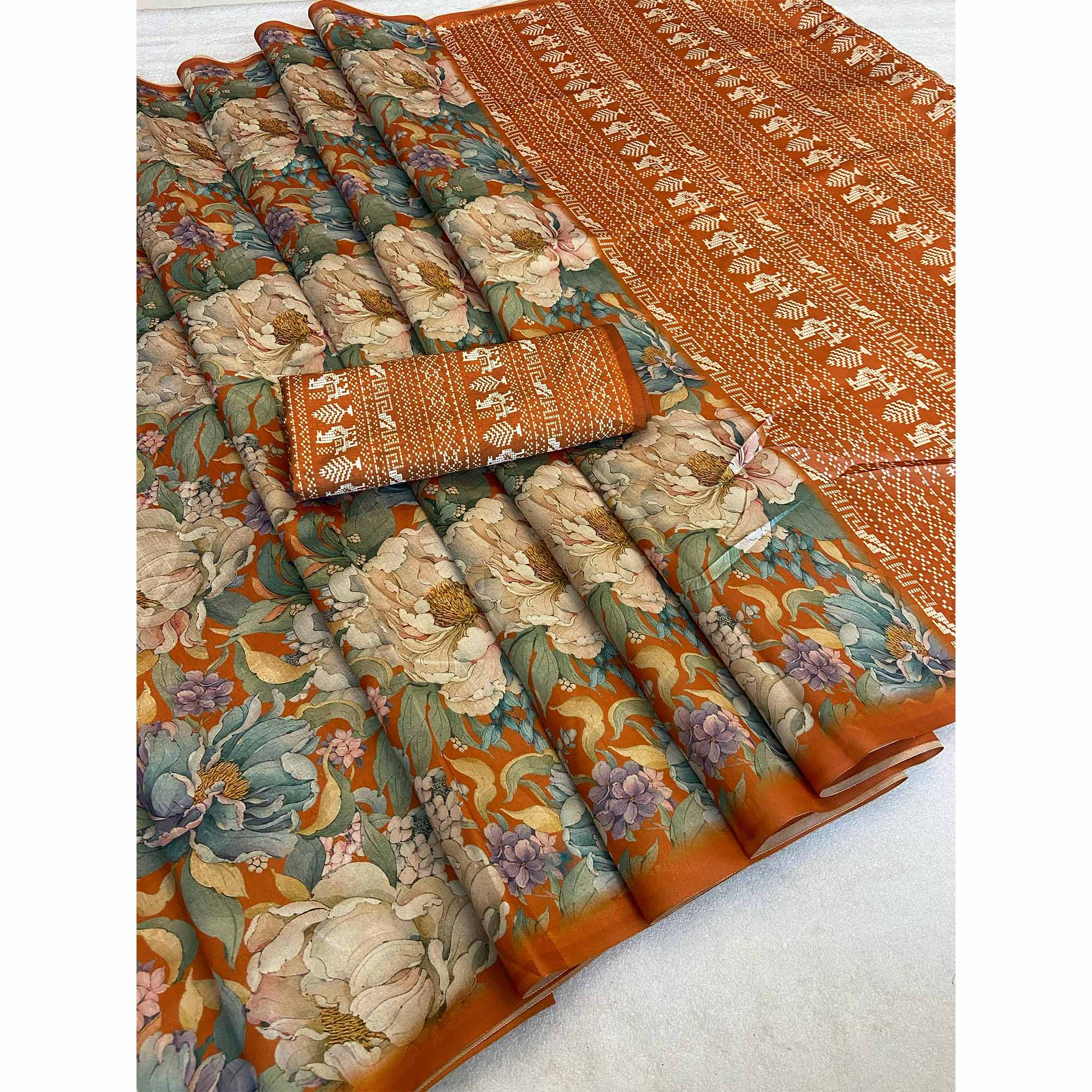 Rust Orange Floral Digital Printed Cotton Handloom Silk Saree