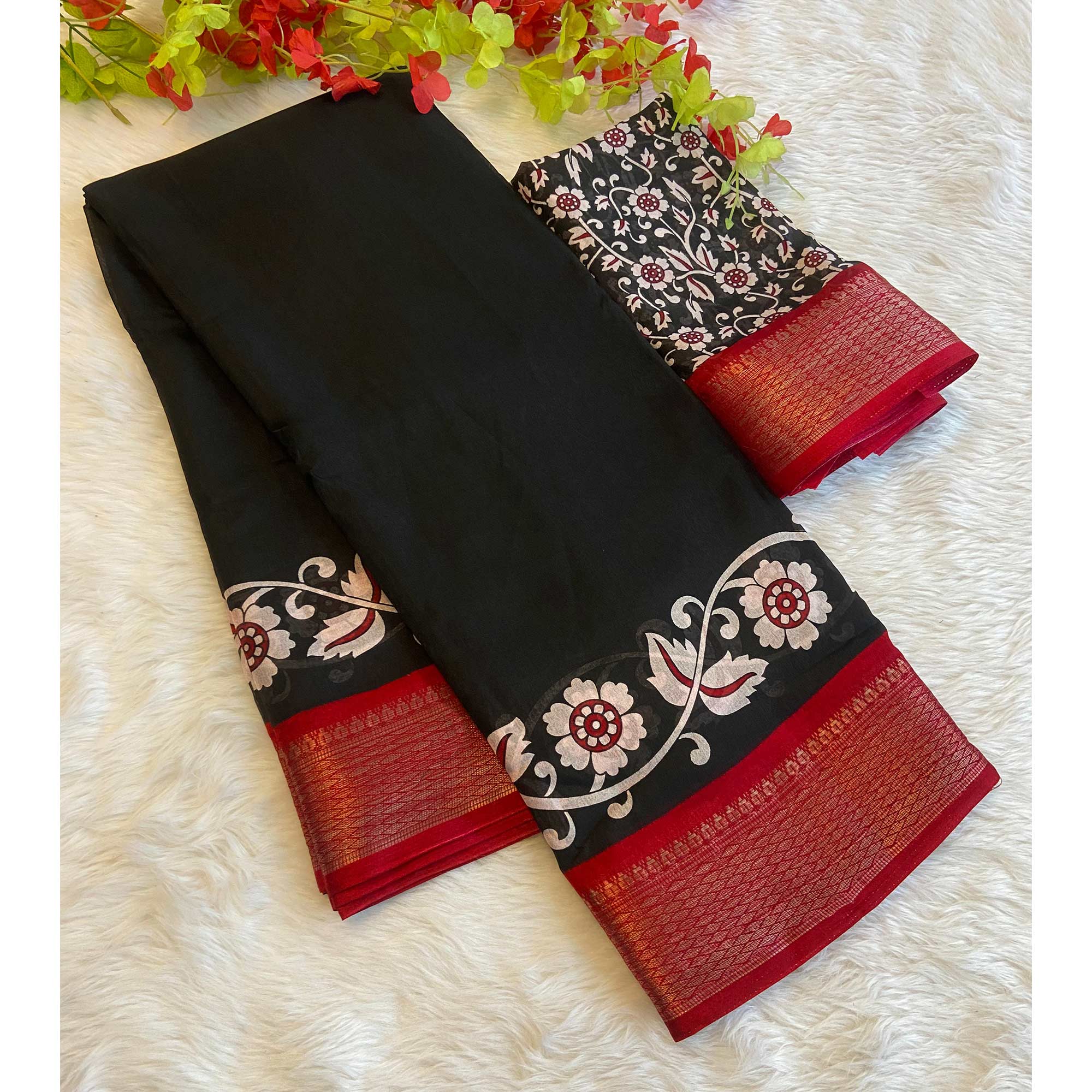Black Floral Printed Dola Silk Saree With Zari Border