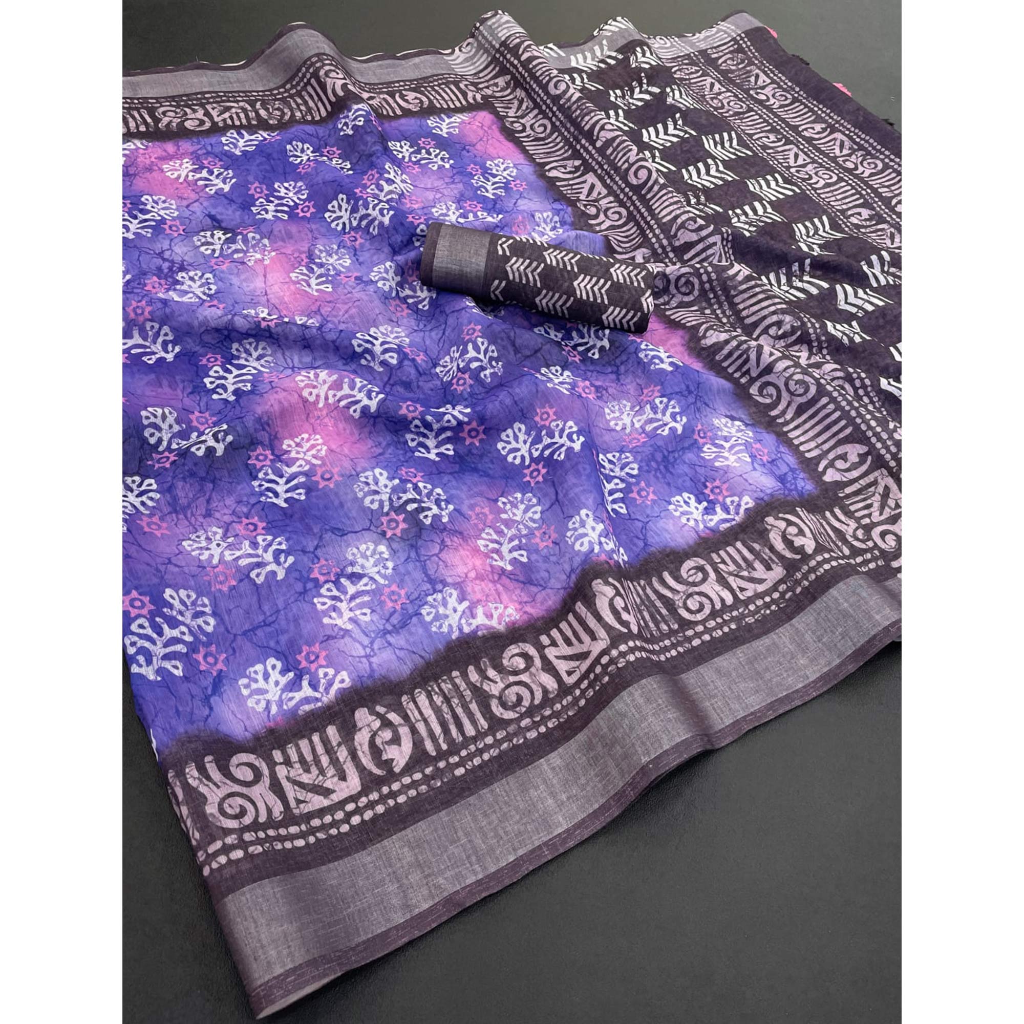 Purple Printed Linen Cotton Saree With Delicate Tassel Detailing