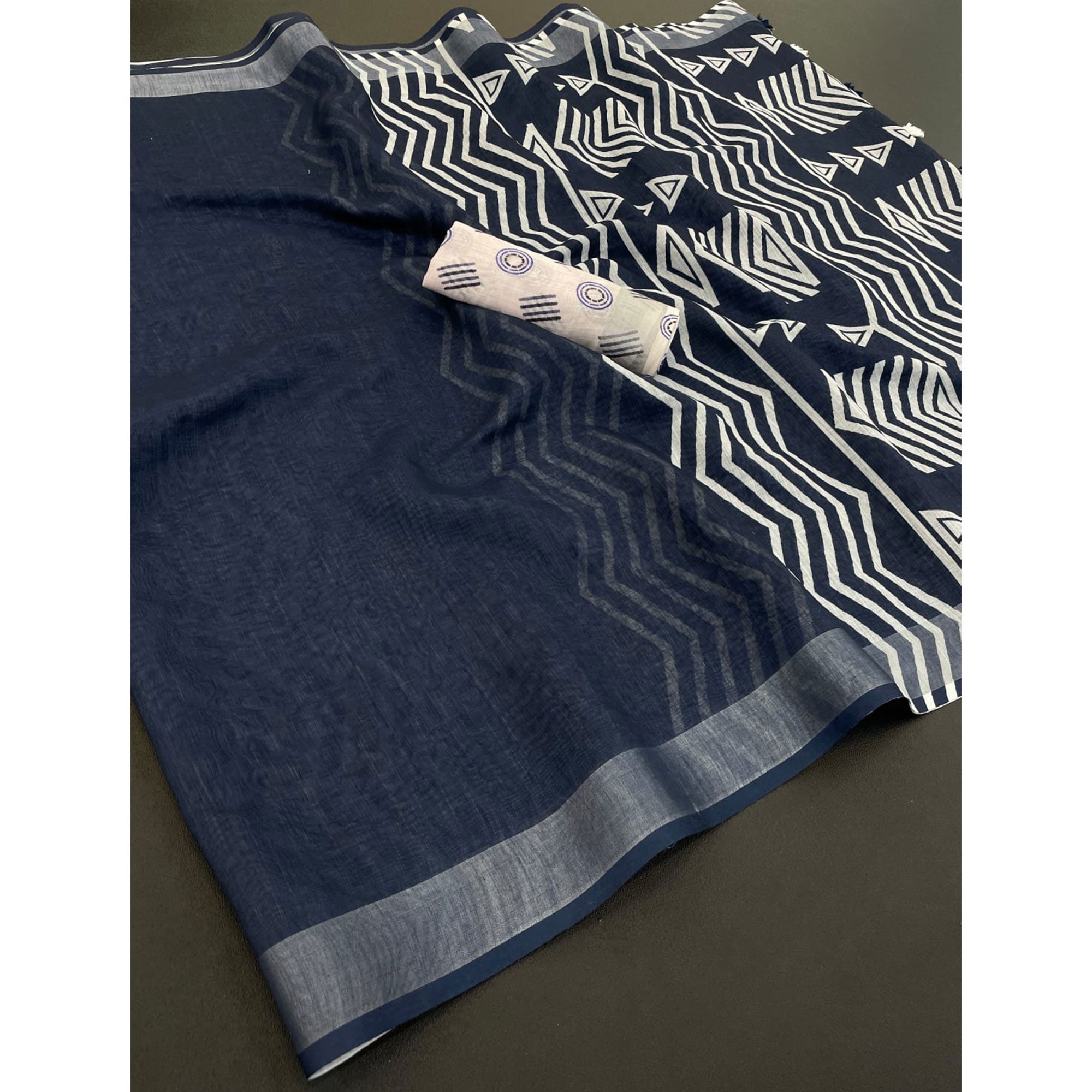 Blue Printed Linen Cotton Saree With Delicate Tassel Detailing