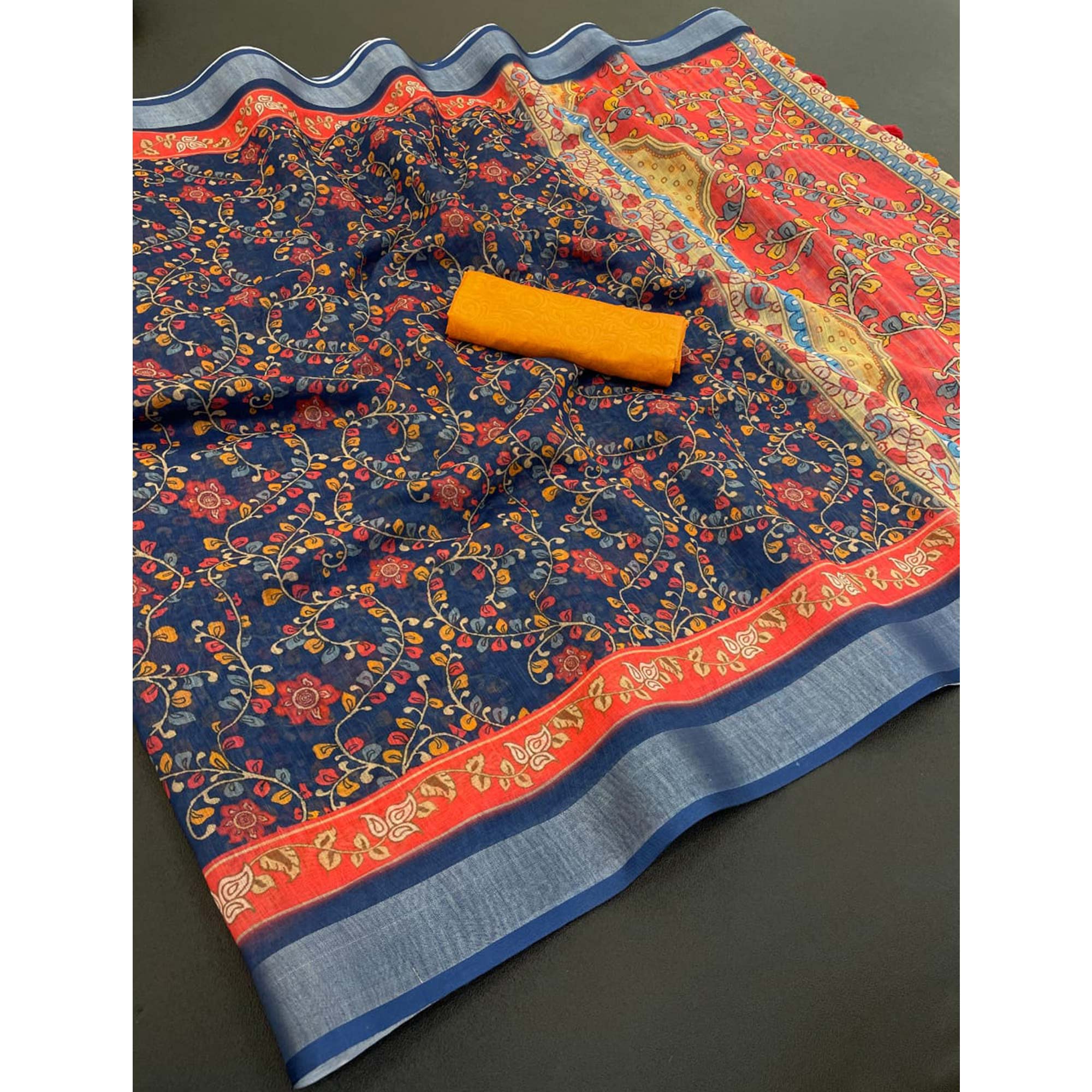 Blue Floral Printed Linen Cotton Saree With Delicate Tassel Detailing