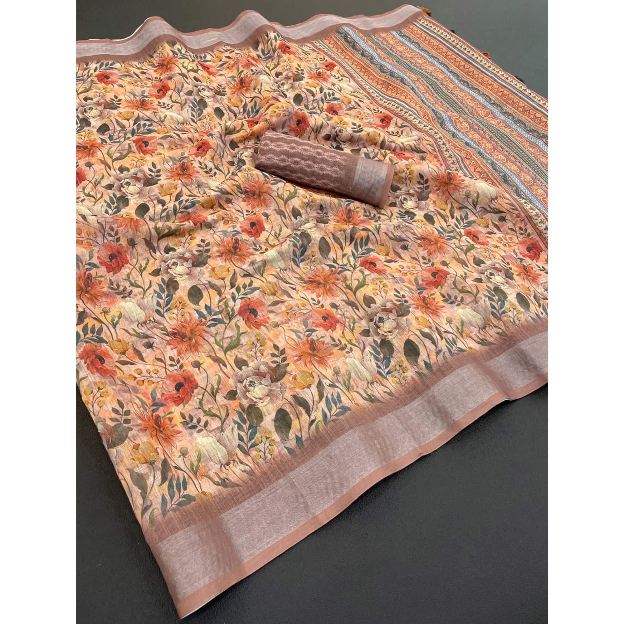 Light Taupe Floral Printed Linen Cotton Saree With Delicate Tassel Detailing