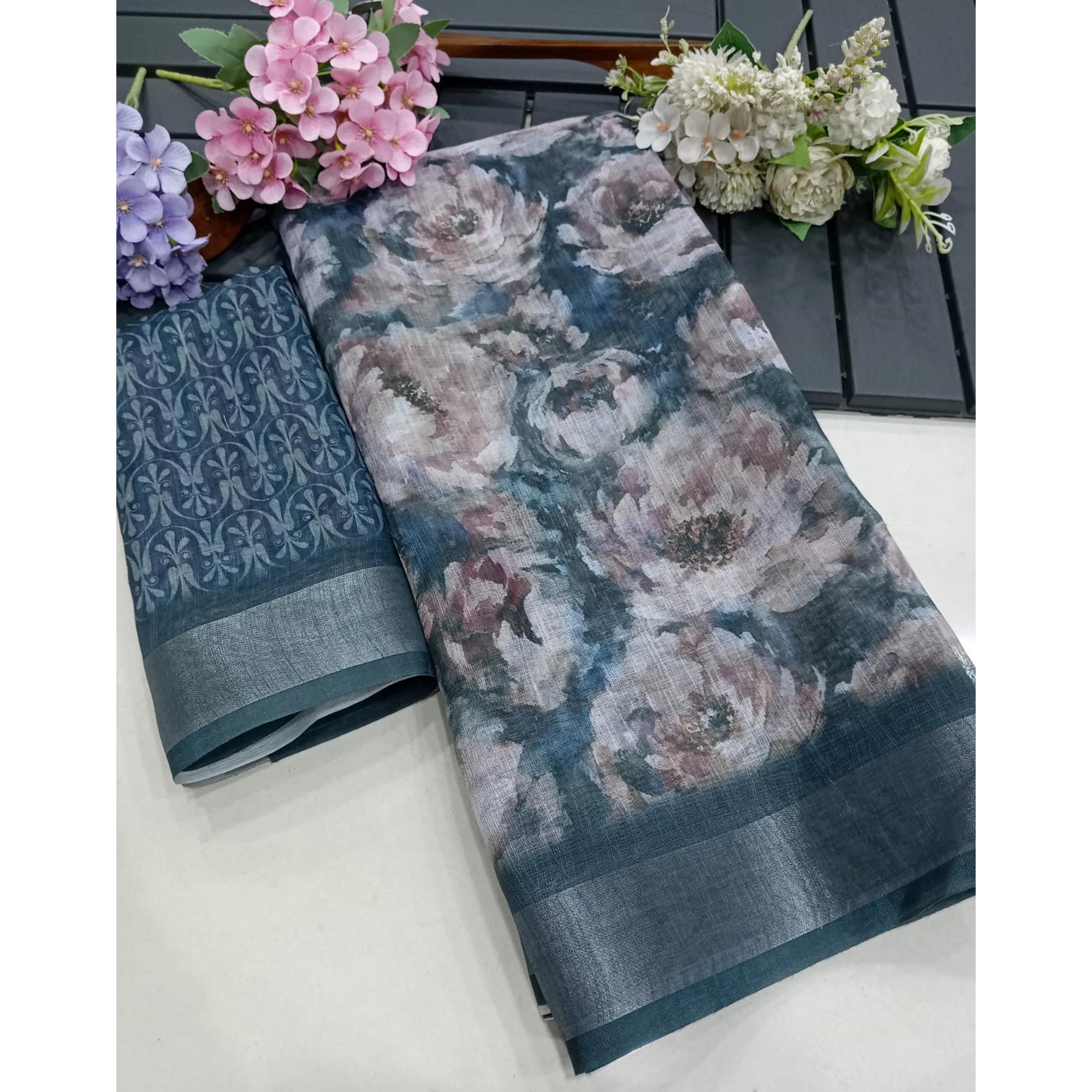 Grey Floral Digital Printed Linen Saree