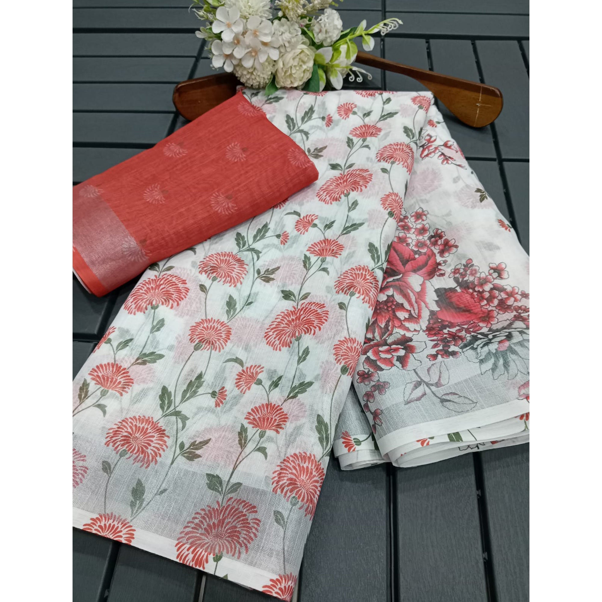 White & Red Floral Digital Printed Linen Saree
