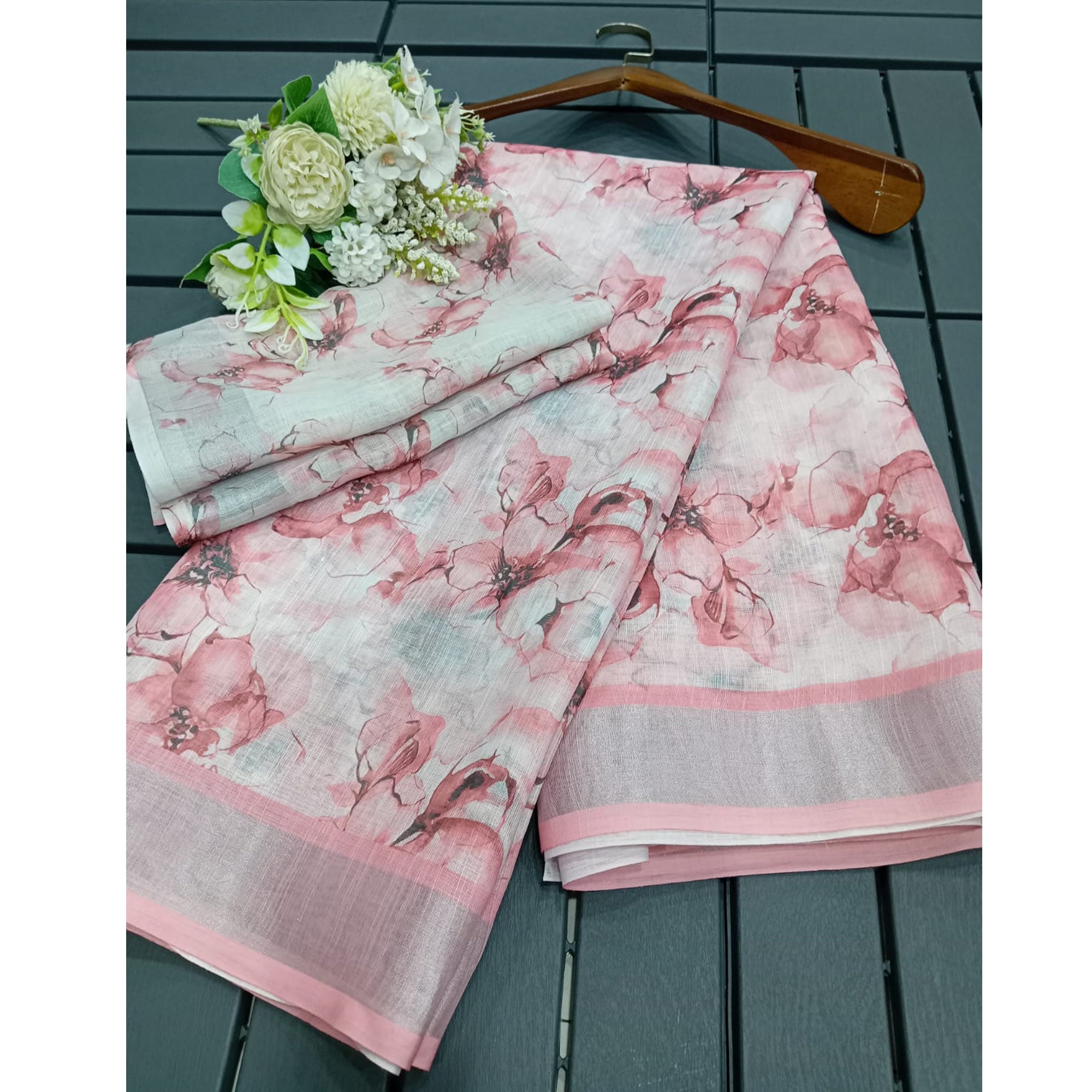 Peach Floral Digital Printed Linen Saree