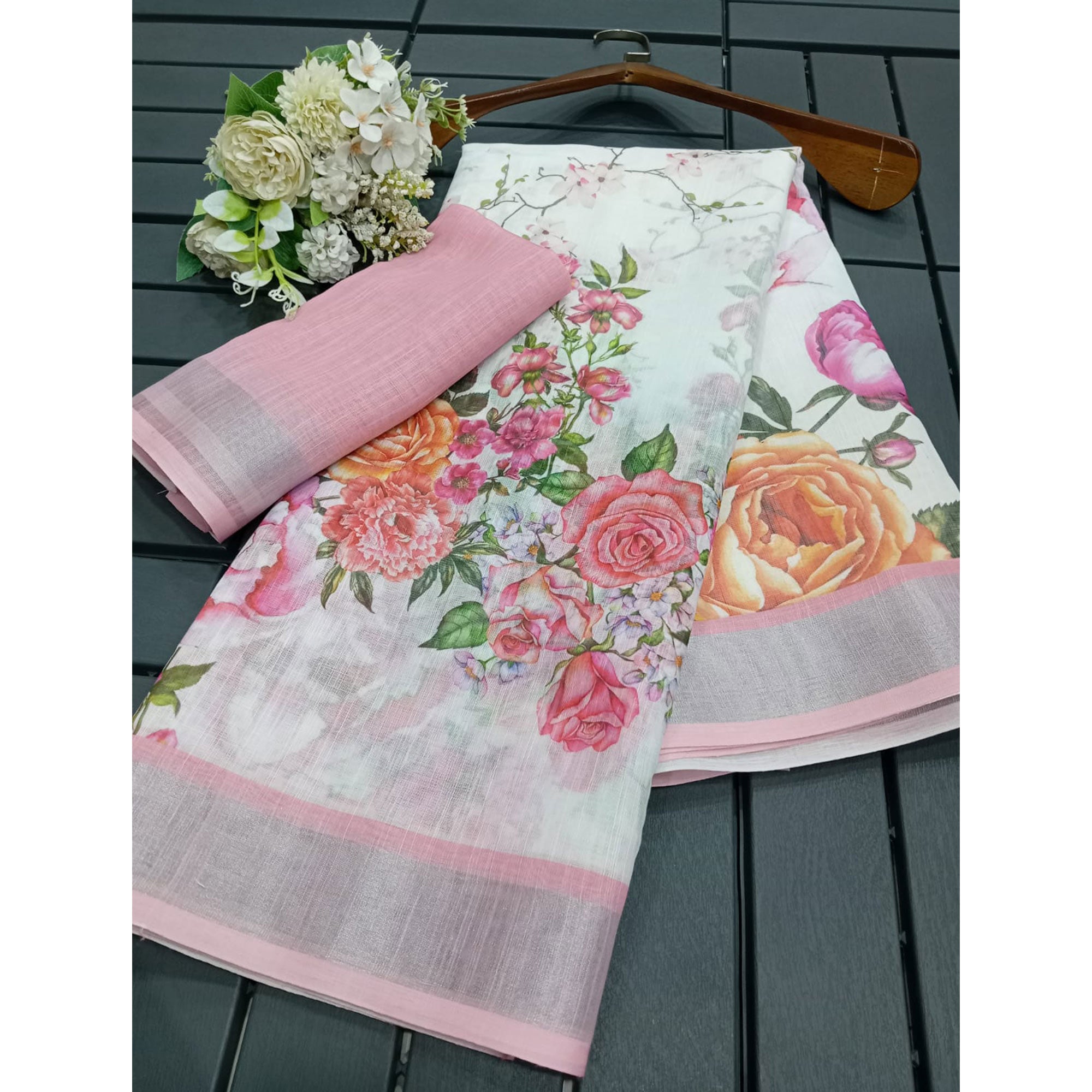 White & Pink Floral Digital Printed Linen Saree