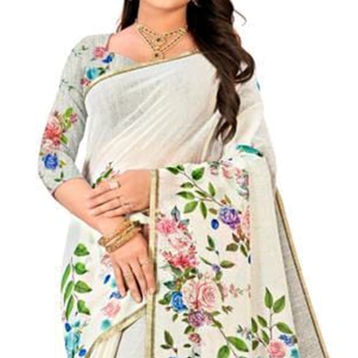 White Floral Digital Printed Linen Saree