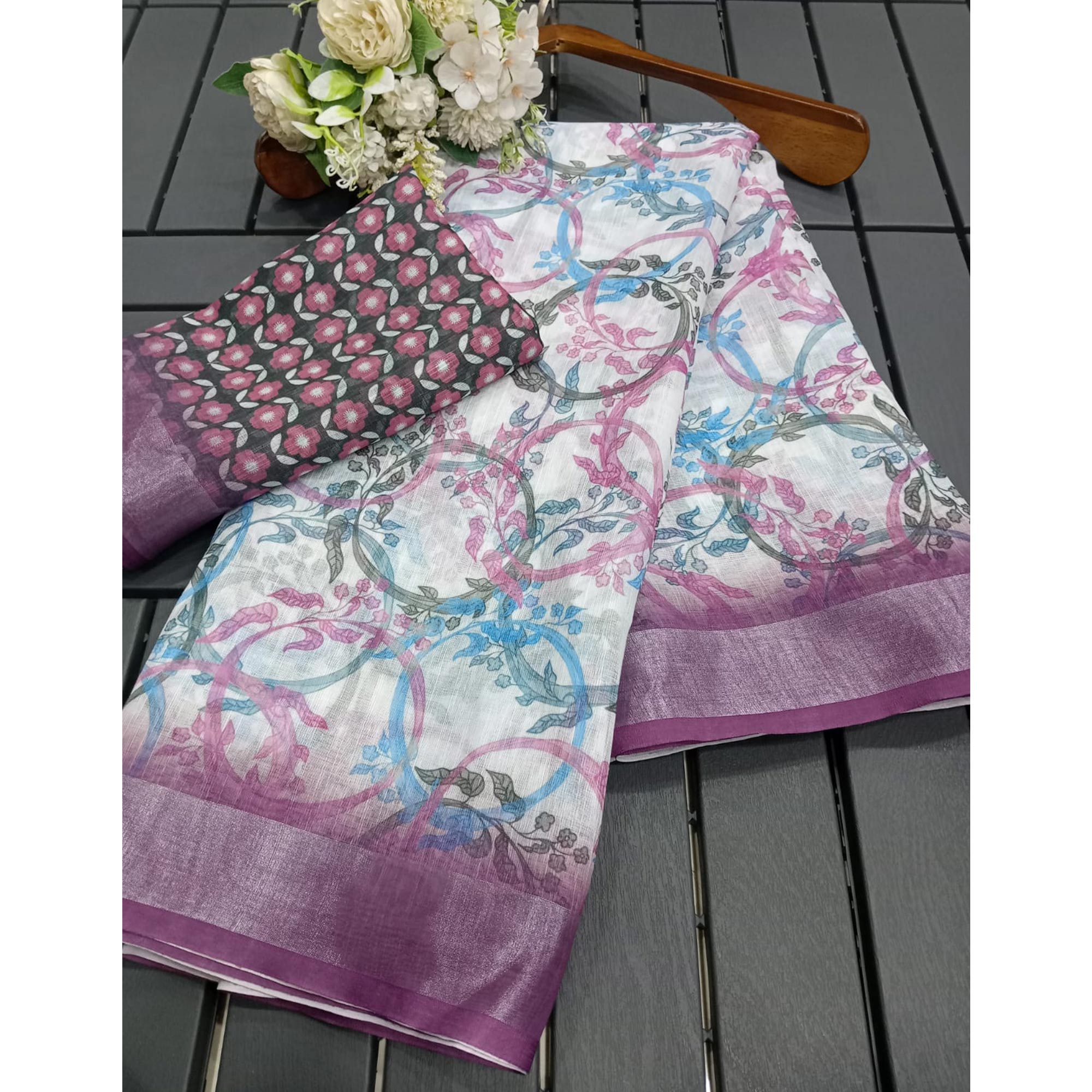 White & Purple Floral Printed Linen Saree