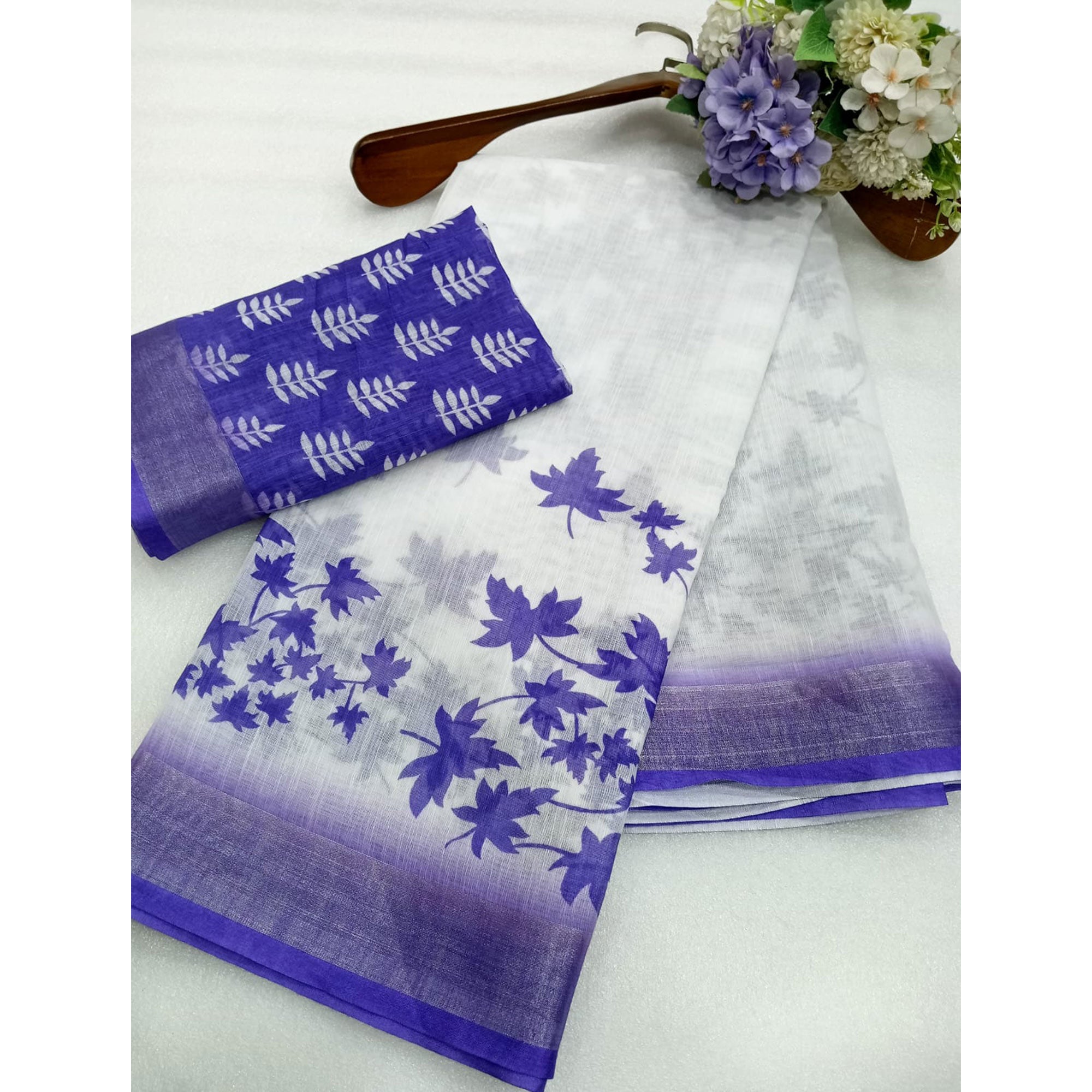 Blue & White Floral Printed Linen Saree