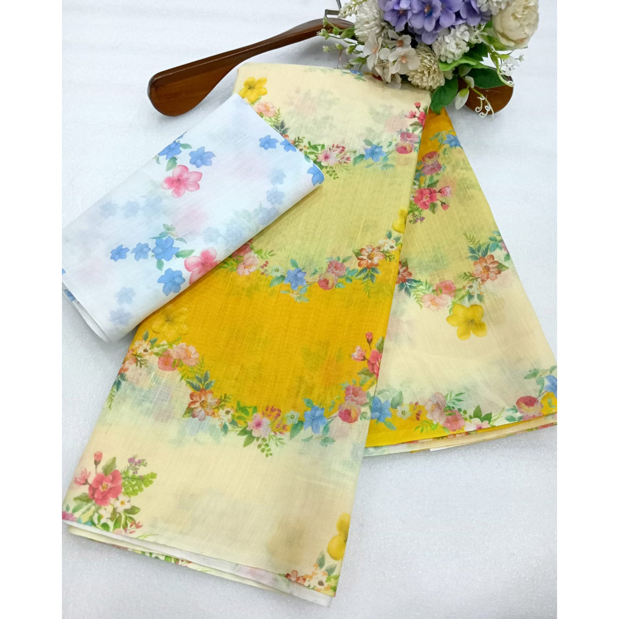 Yellow Floral Printed Linen Saree