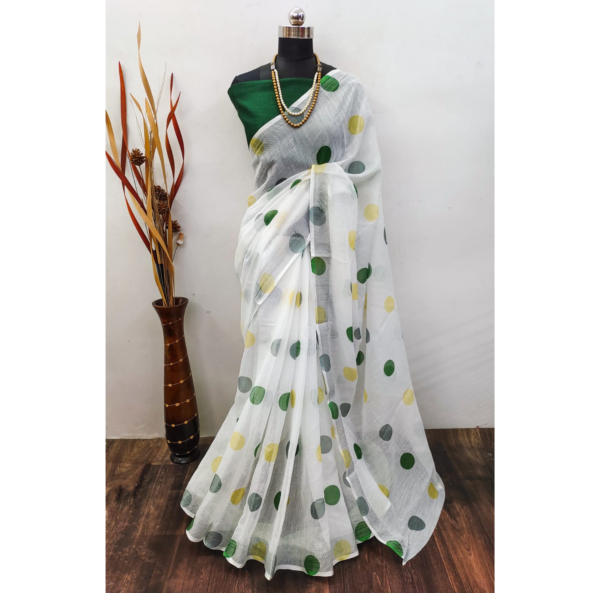 White & Green Digital Printed Linen Saree with Zari Border