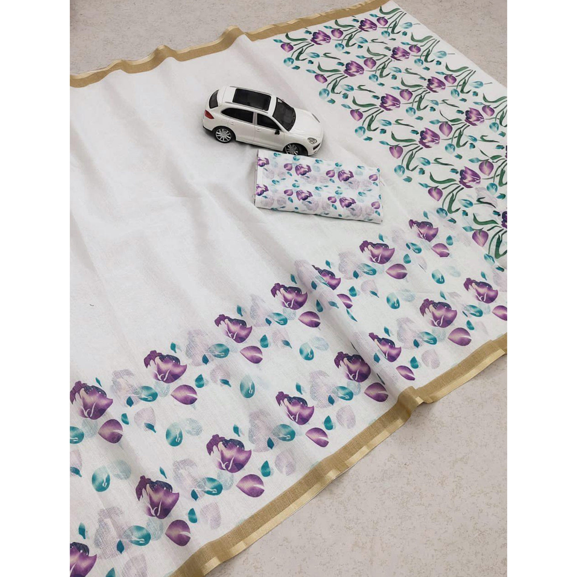 White Floral Digital Printed Linen Saree with Zari Border