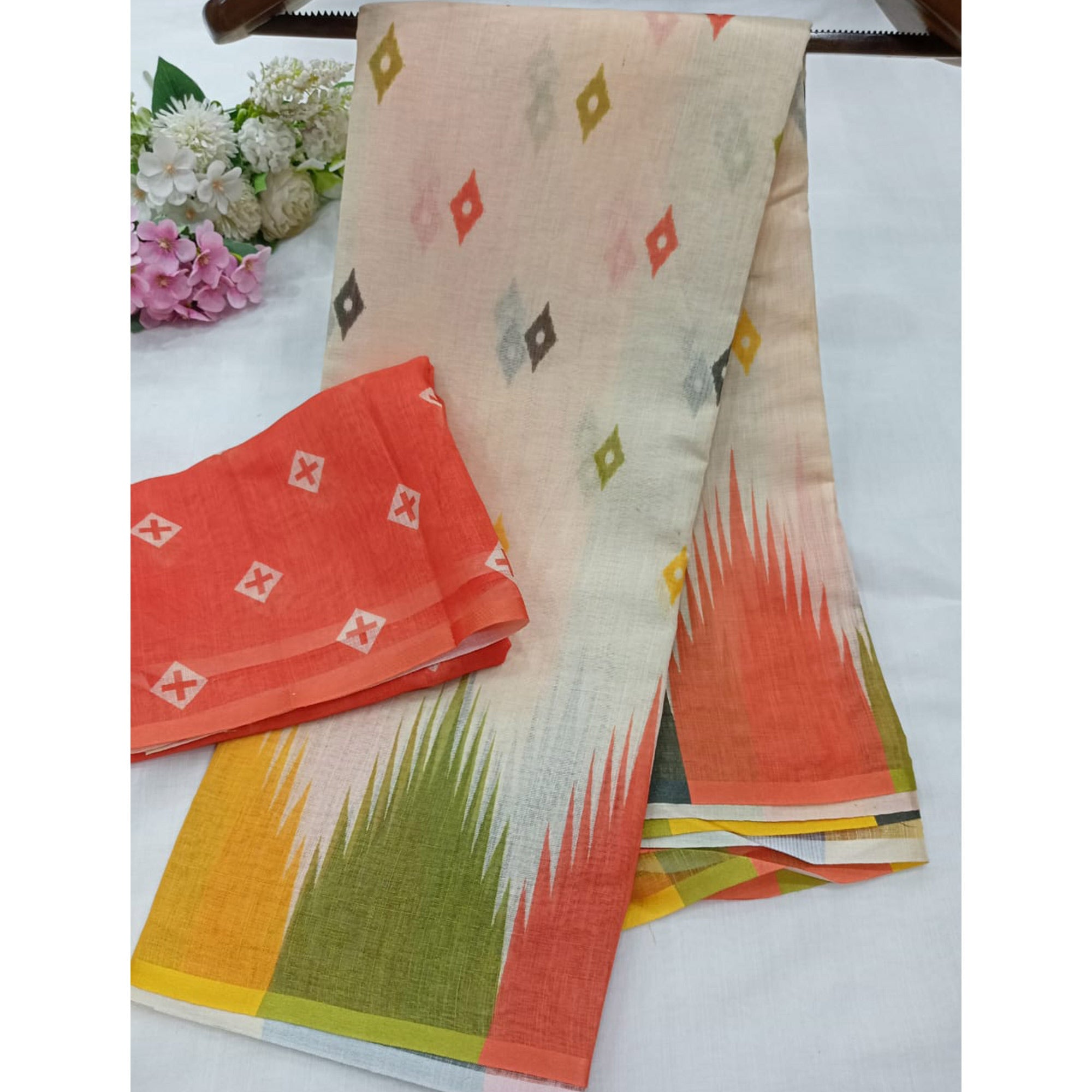 Classic Cream Linen Cotton Drape Featuring Ikkat-Inspired Prints