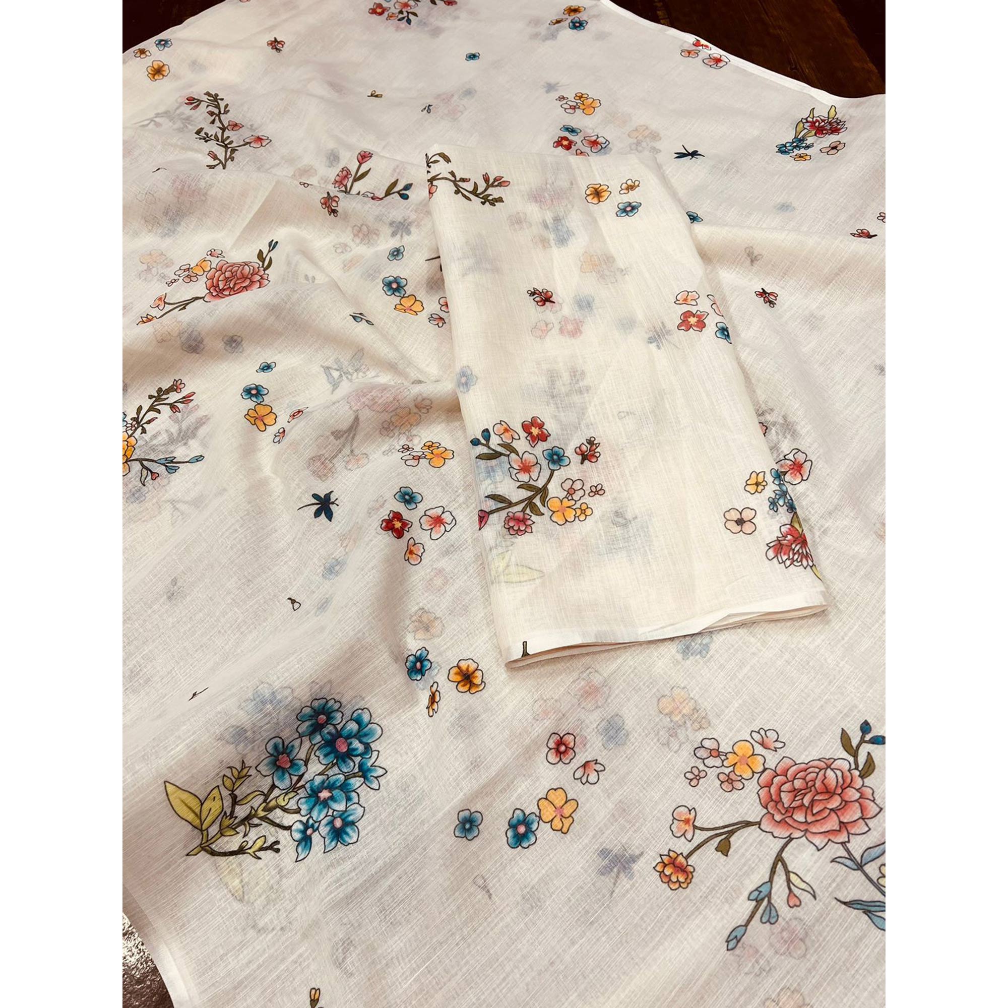 Classic Off White Linen Cotton Drape Featuring Floral Prints