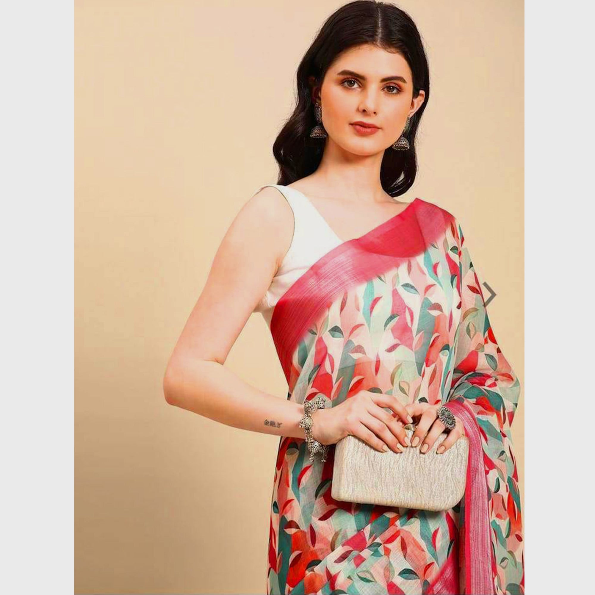 Pink Floral Digital Printed Linen Saree with Zari Border
