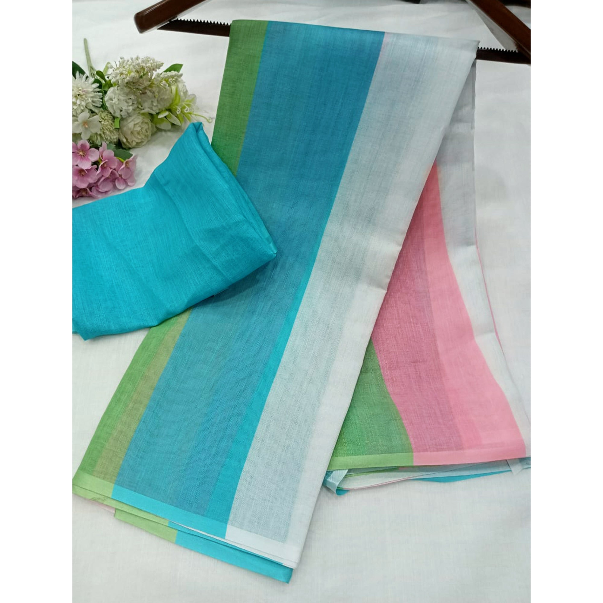 Multicolor Striped Printed Linen Saree