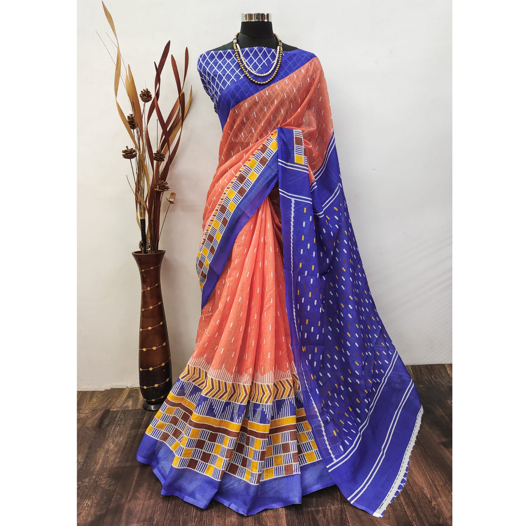 Peach Ikkat Printed Linen Saree
