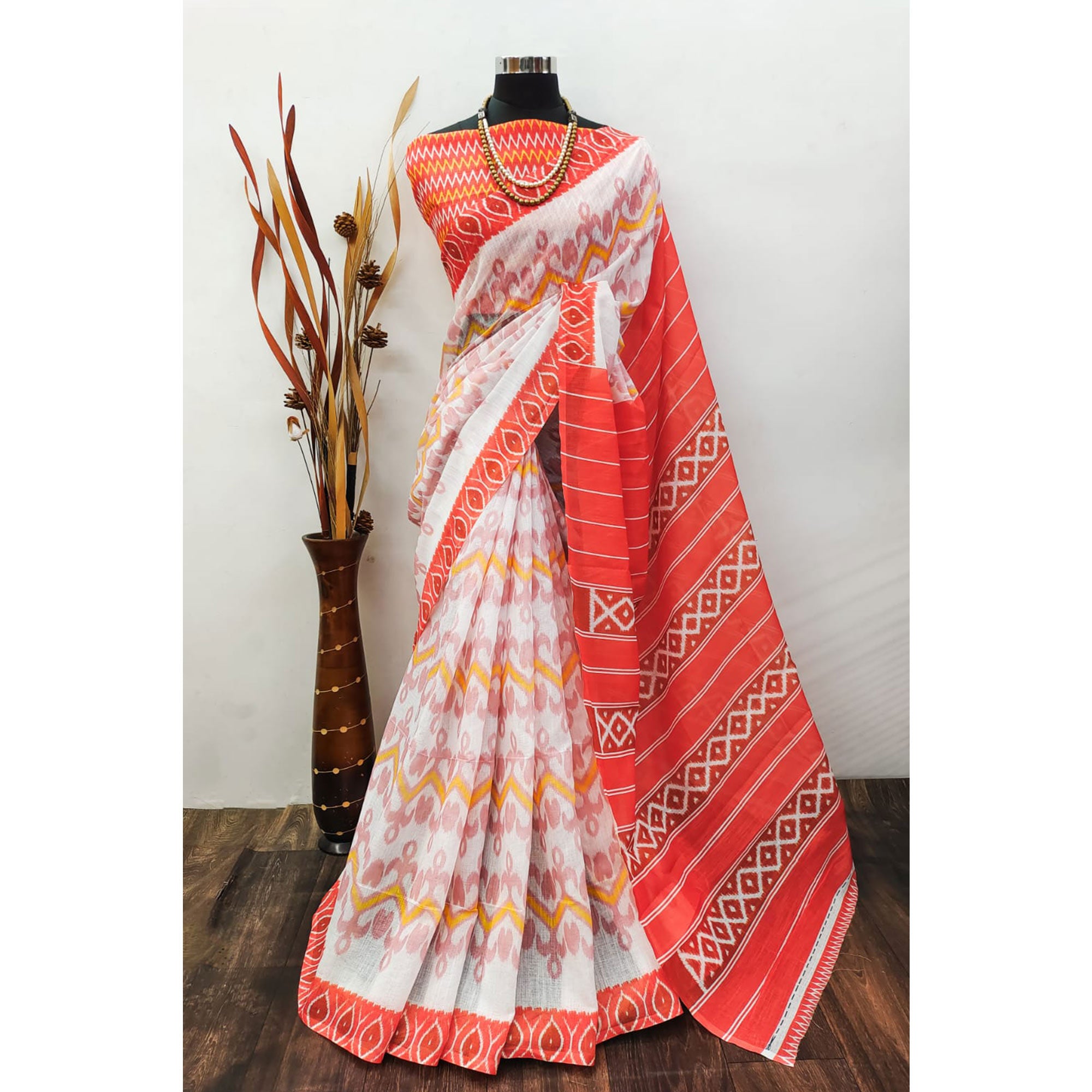 White Ikkat Printed Linen Saree