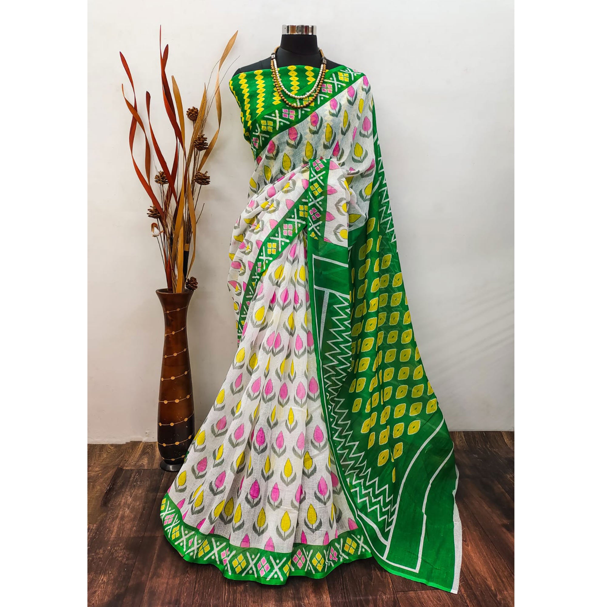 White Ikkat Printed Linen Saree