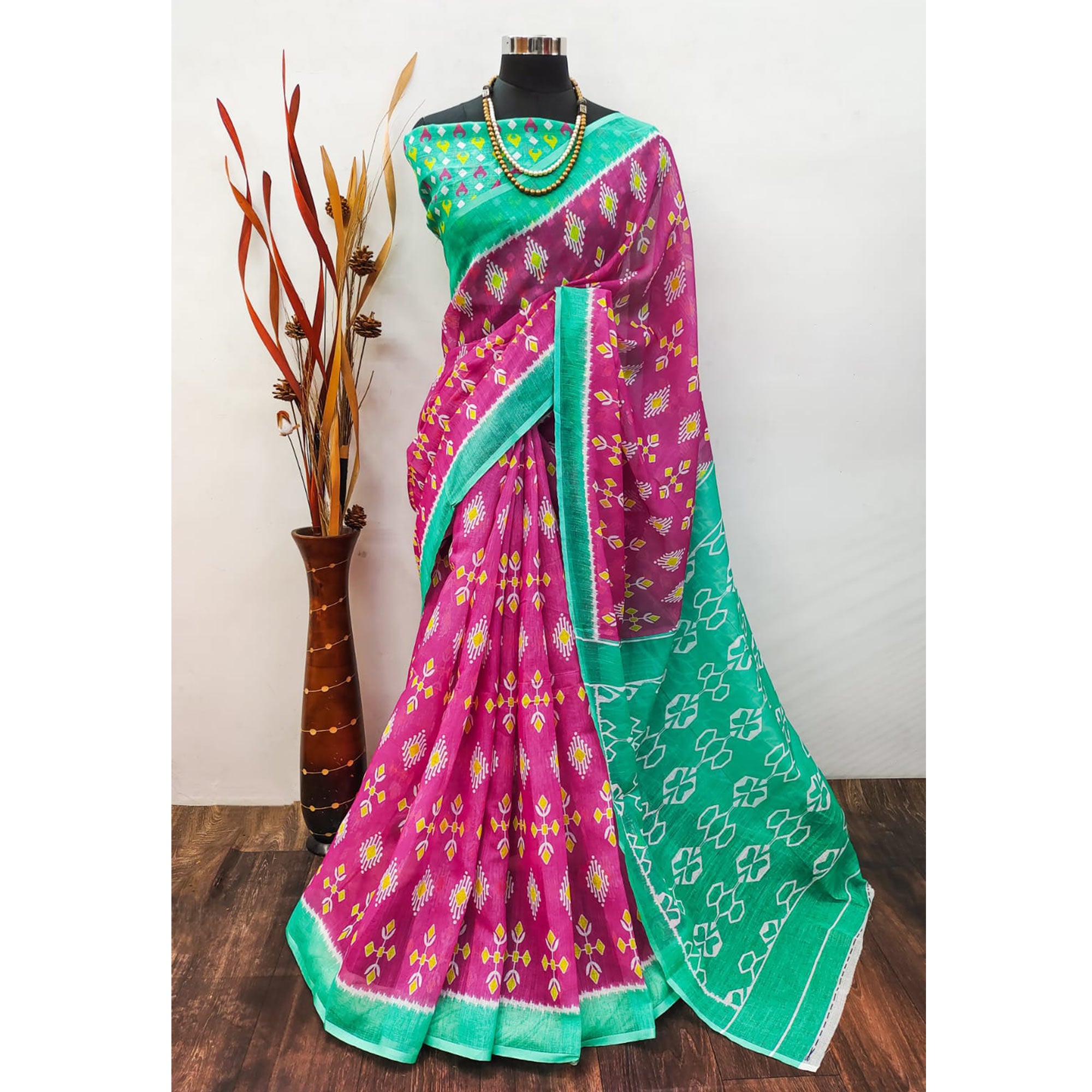 Pink Ikkat Printed Linen Saree