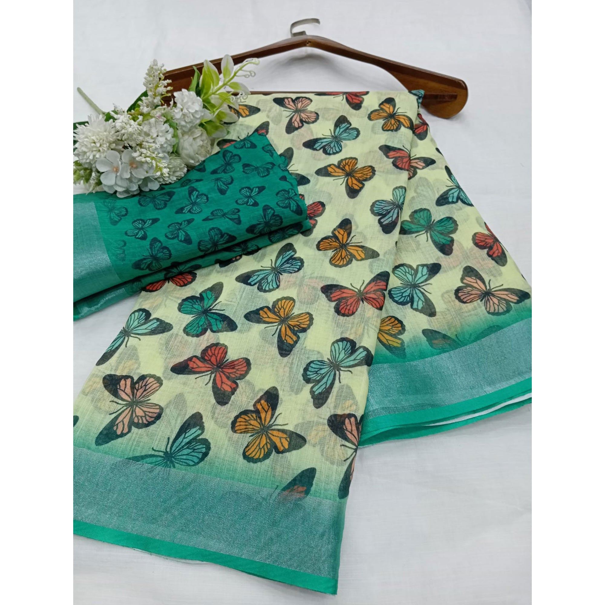 Yellow Digital Printed Linen Saree