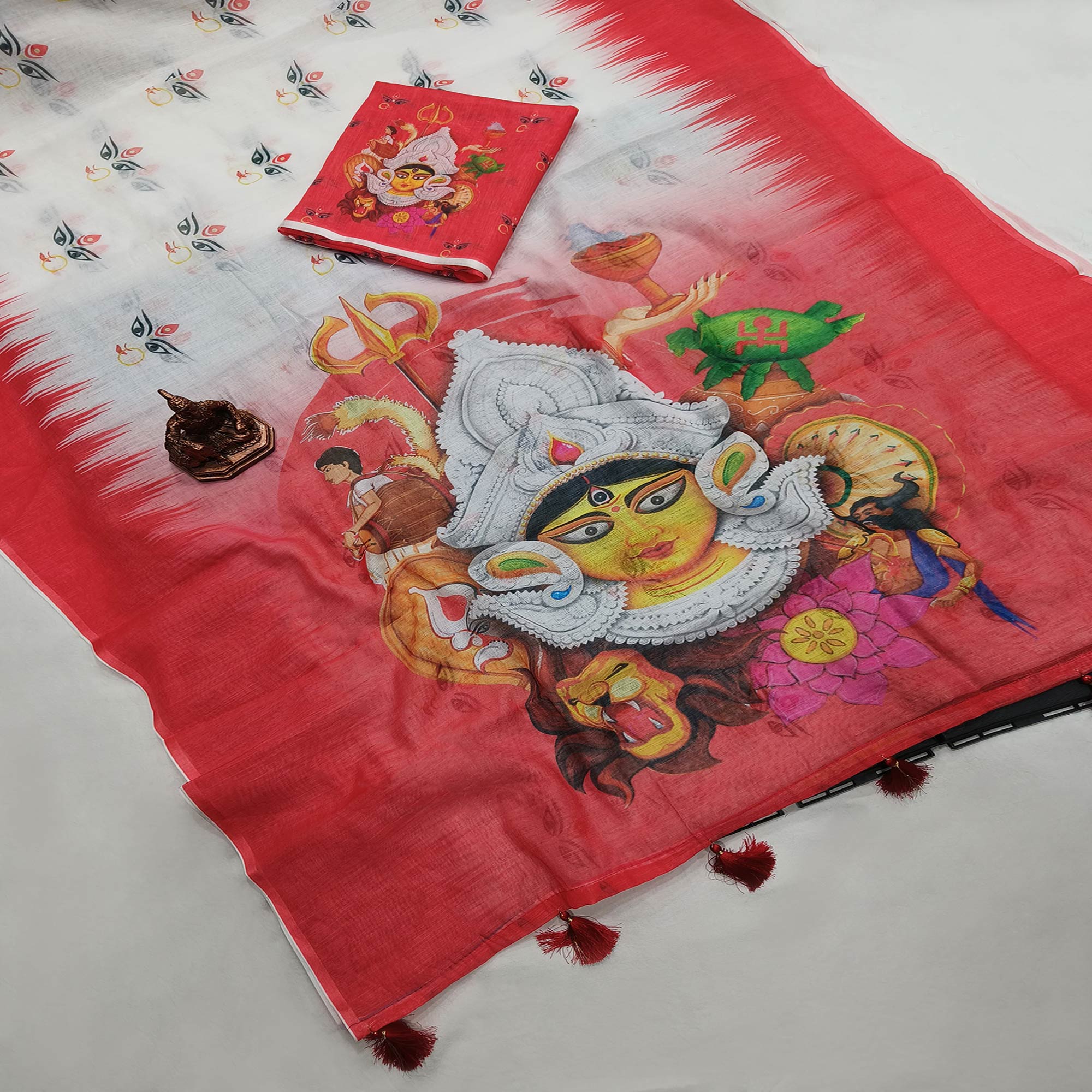 White & Red Goddest Printed Linen Saree