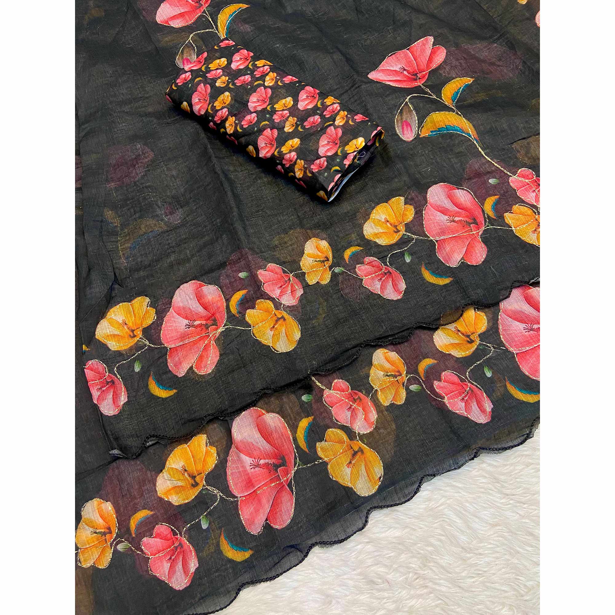 Black Floral Printed Linen Saree