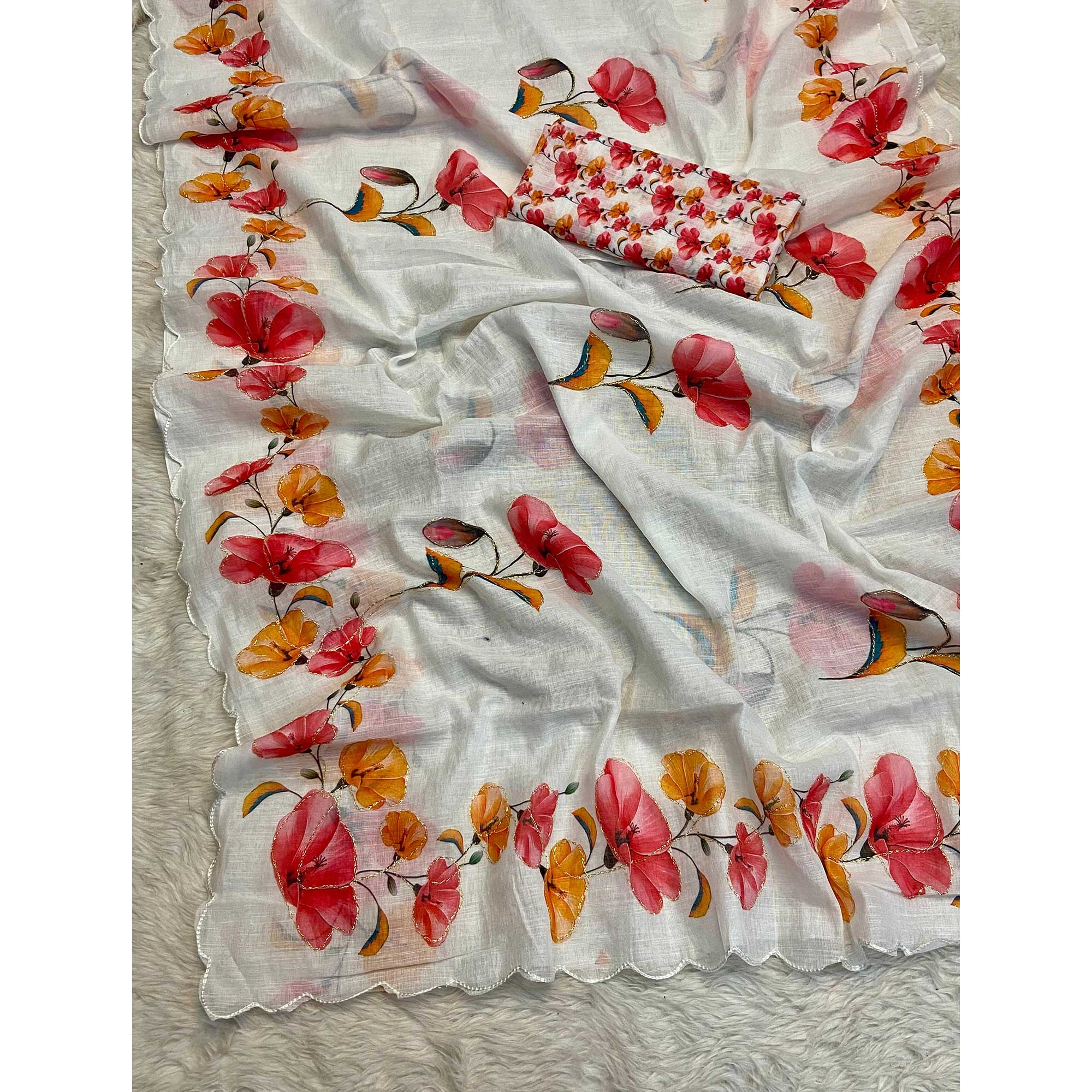 White Floral Printed Linen Saree
