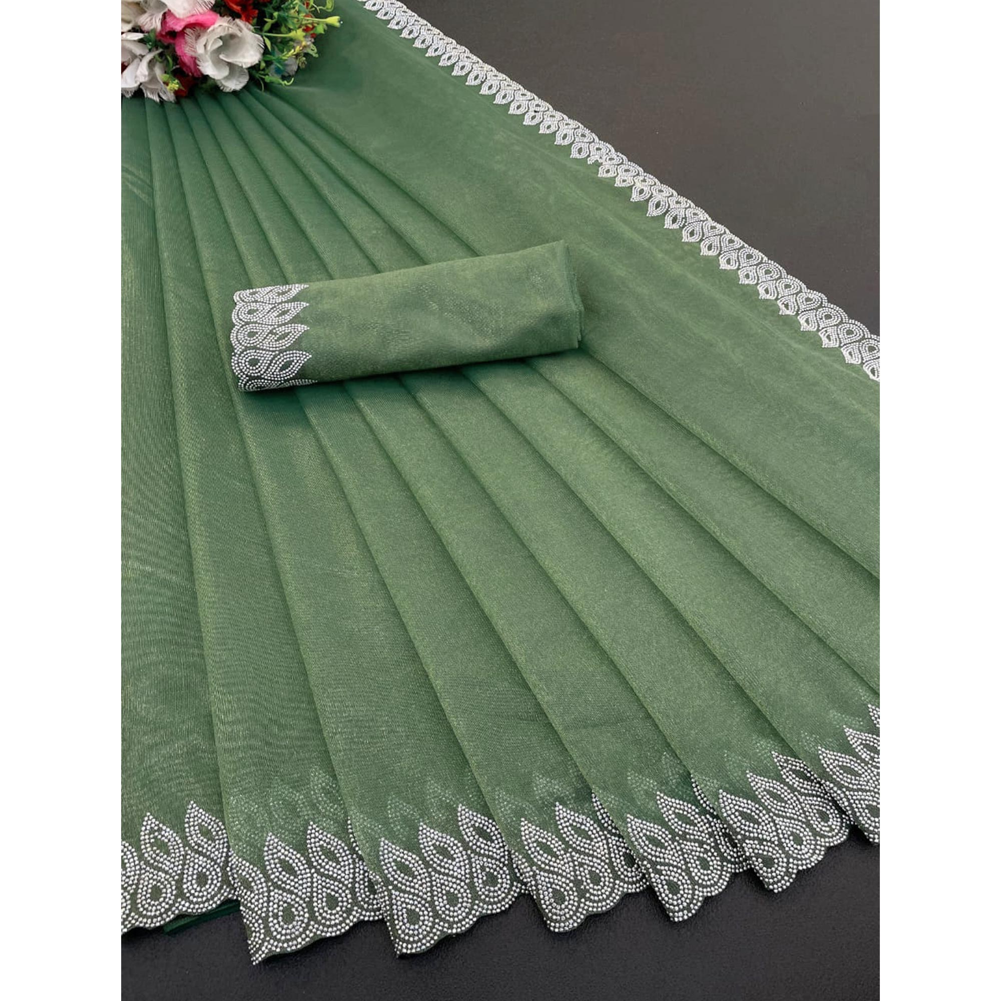 Green Stone Work Embroidered Twill Gold Net Saree