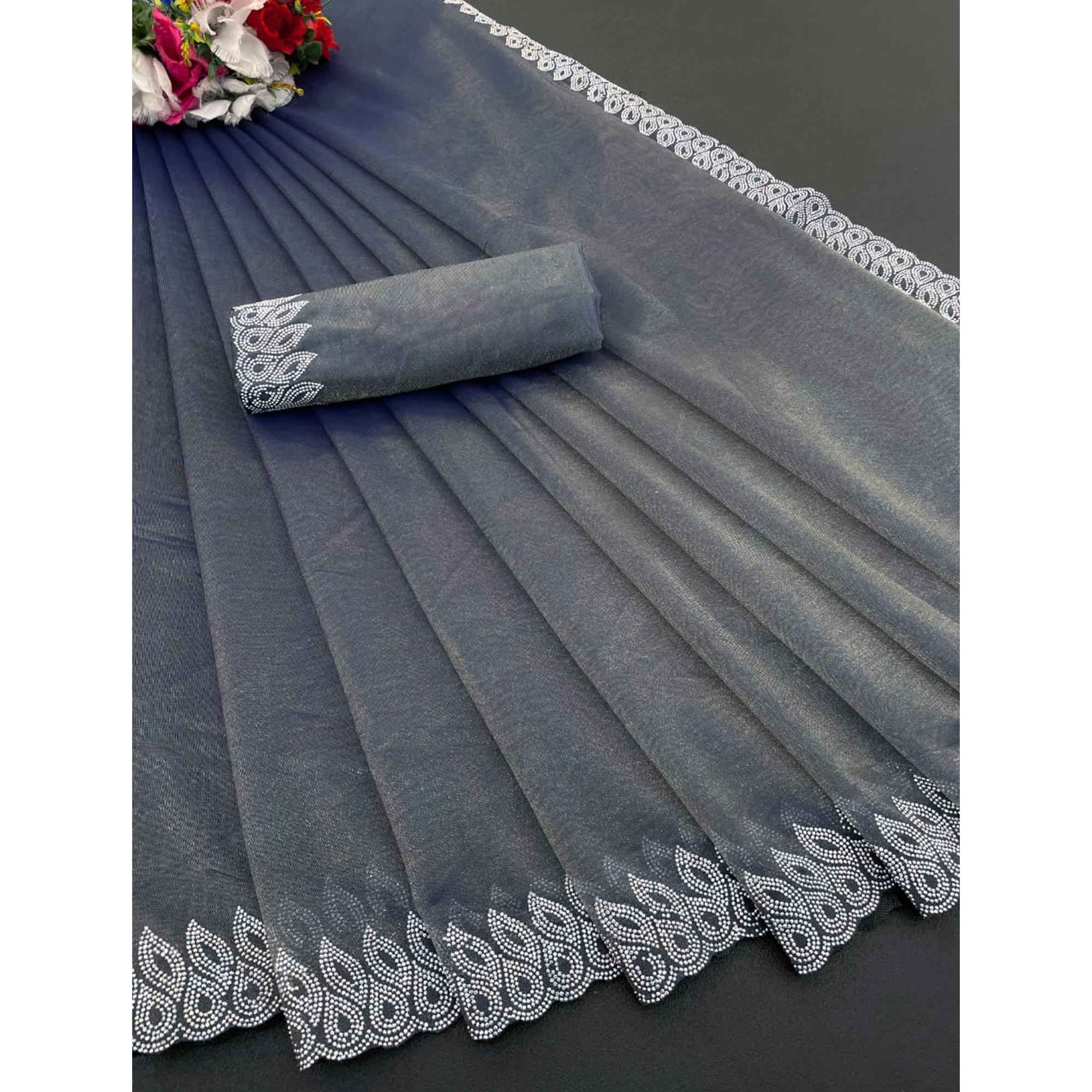 Grey Stone Work Embroidered Twill Gold Net Saree