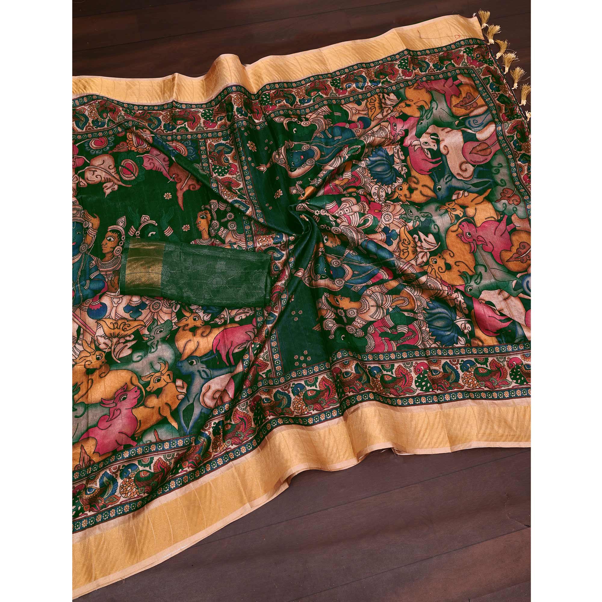 Green Printed Dola Silk Saree Adorned with Intricate Jacquard Border