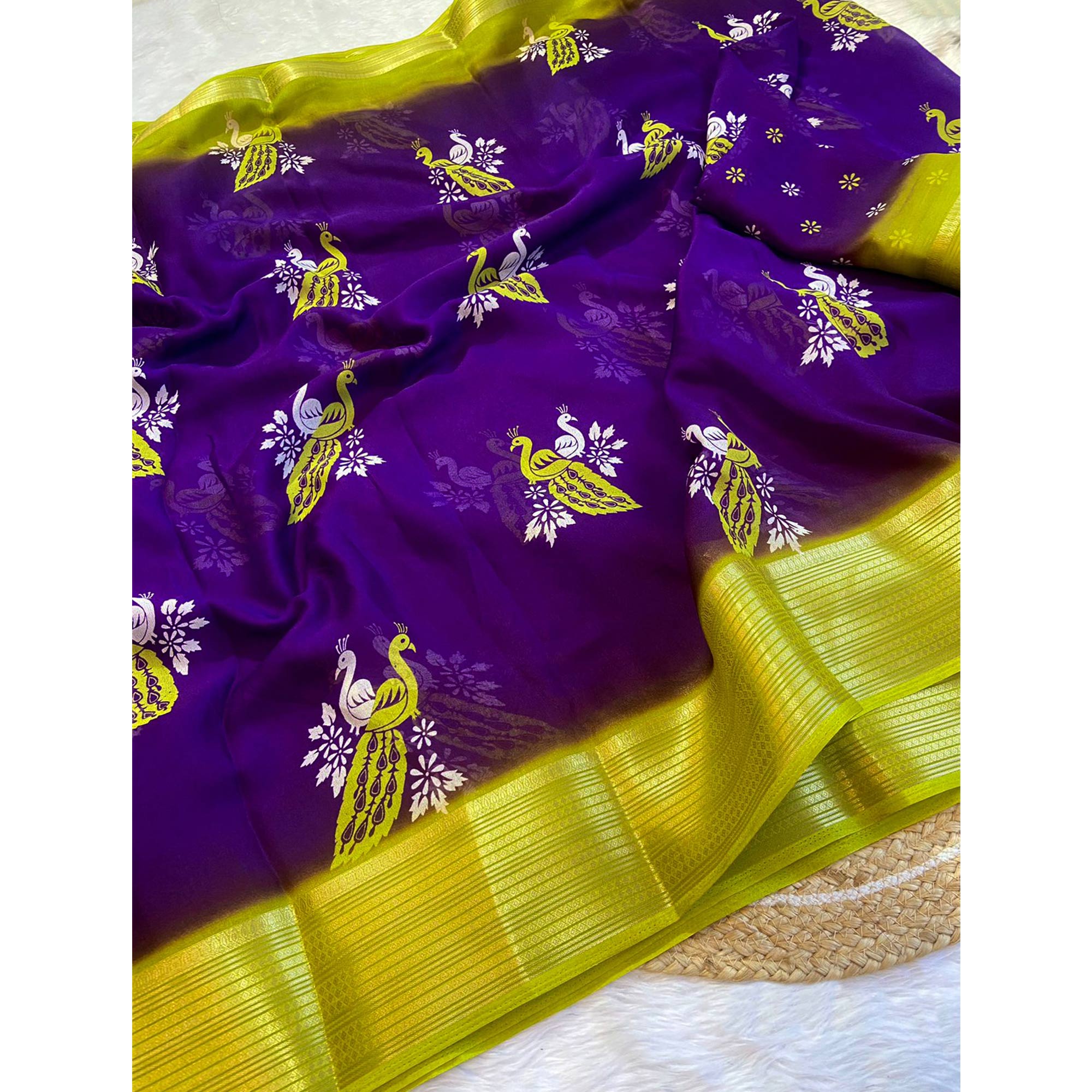 Purple Floral Printed Chiffon Saree
