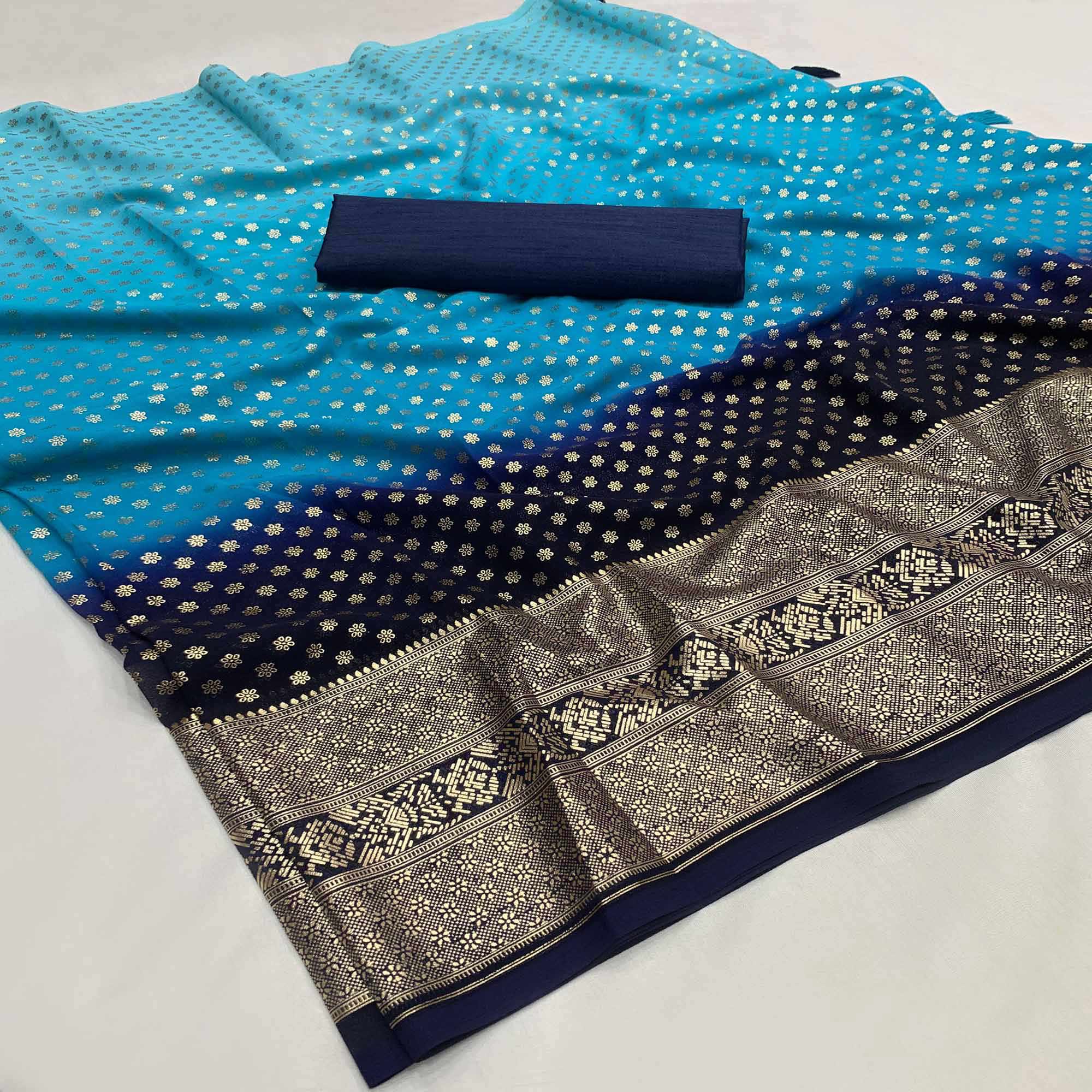 Blue Floral Foil Printed Georgette Saree