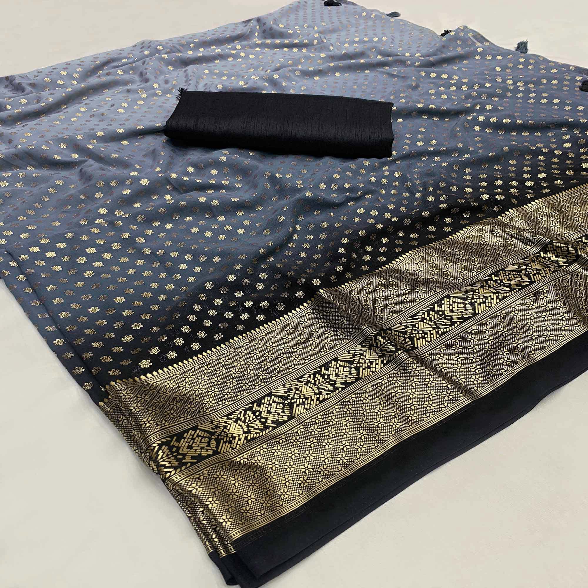 Grey Floral Foil Printed Georgette Saree