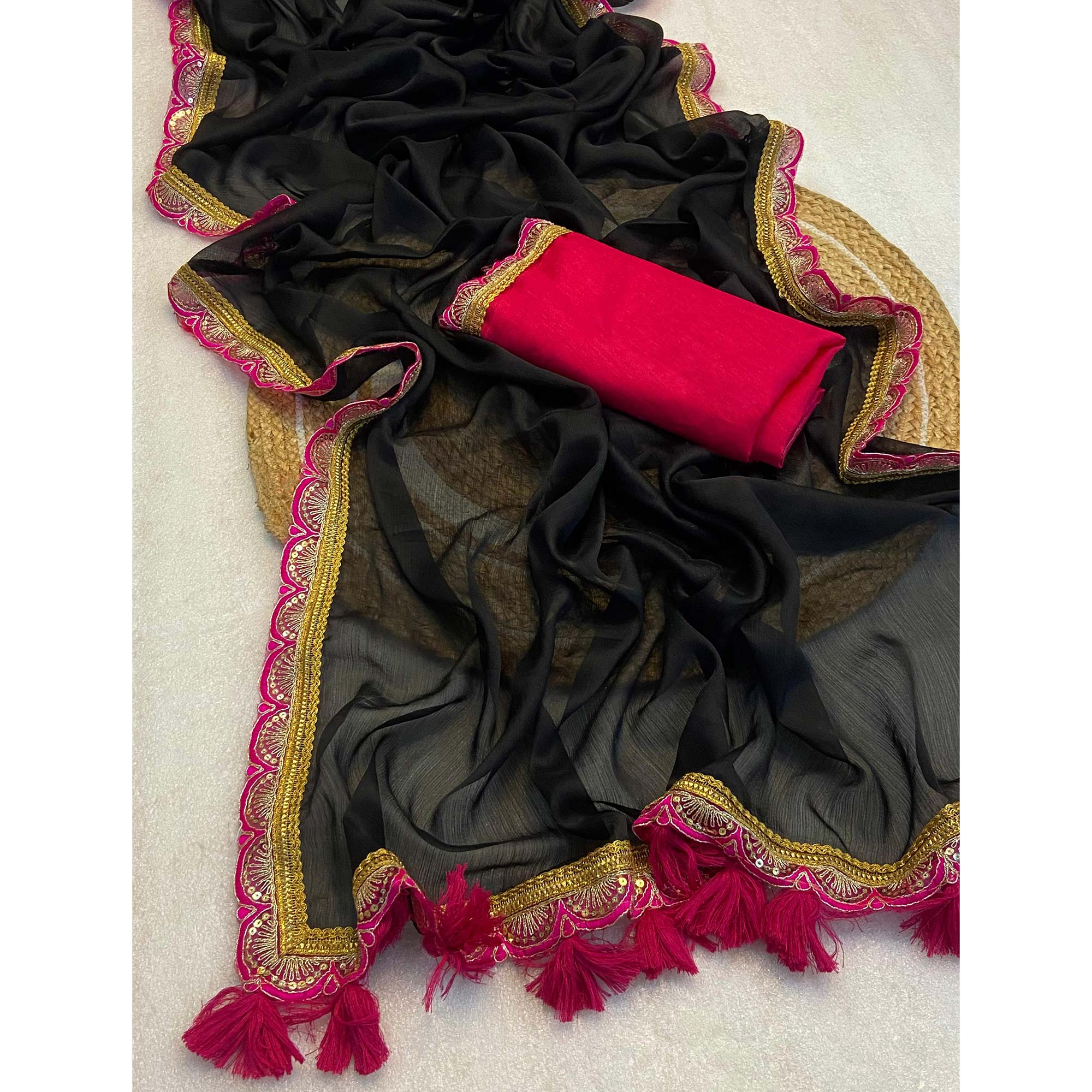 Black Solid With Sequins Embroidered Moss Chiffon Saree