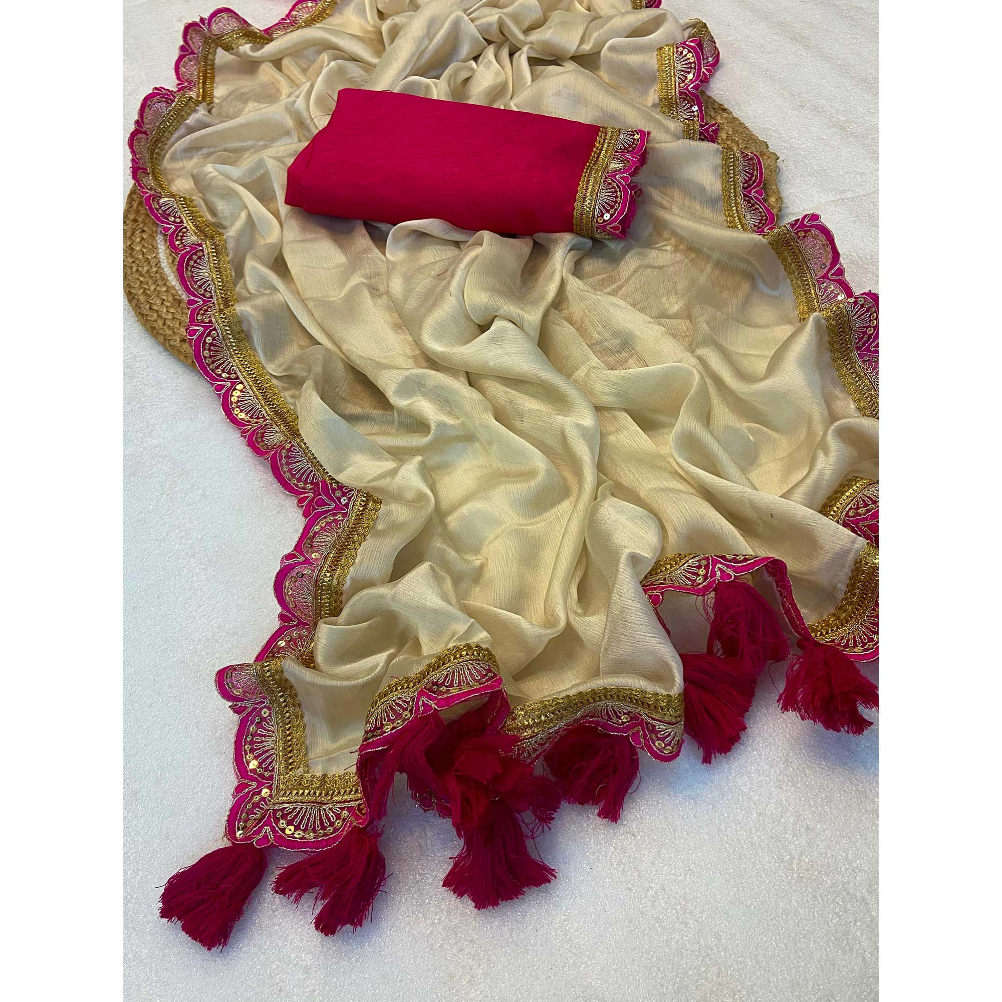 Cream Solid With Sequins Embroidered Moss Chiffon Saree