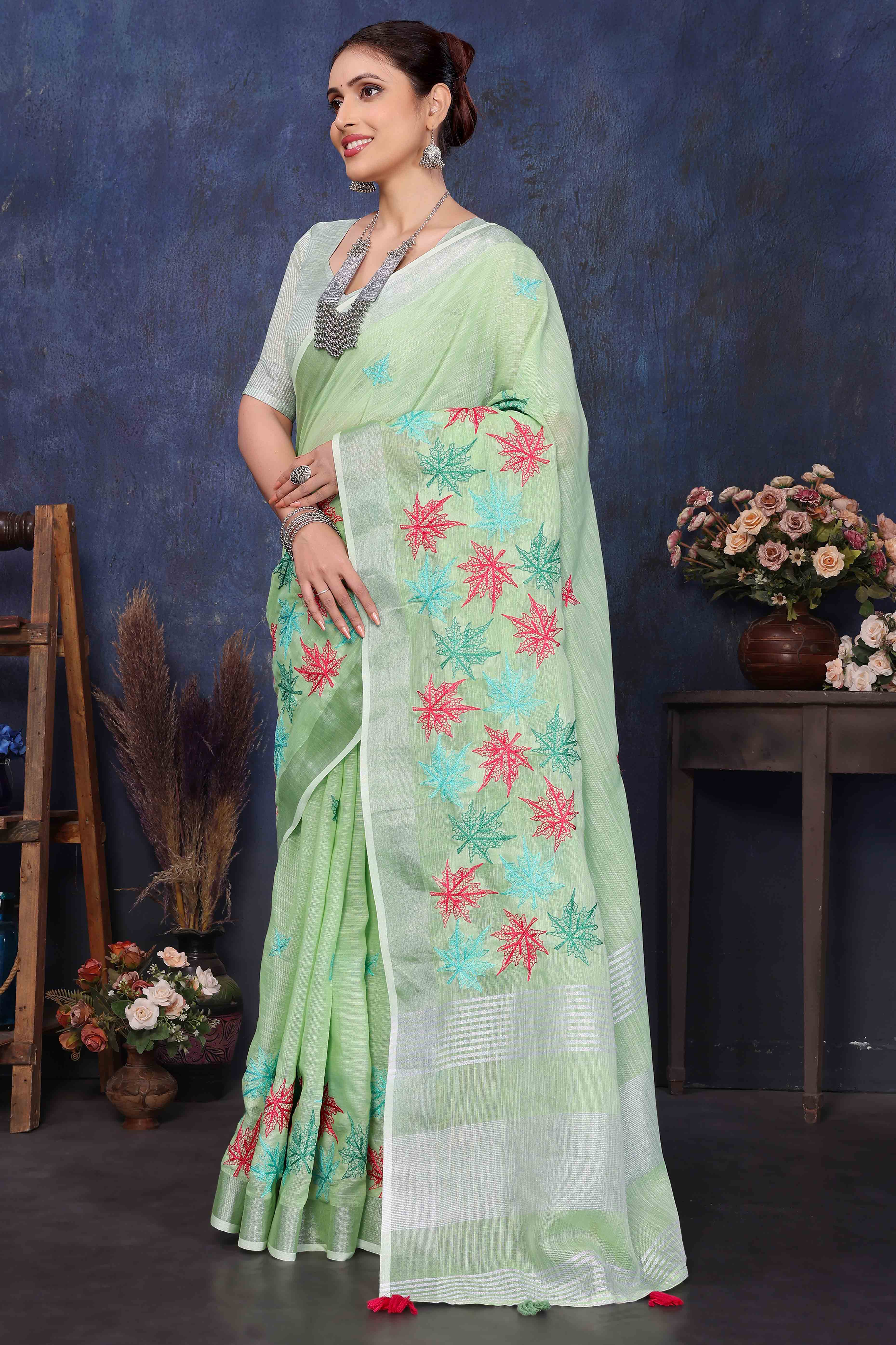 Green Floral Embroidered Cotton Silk Saree