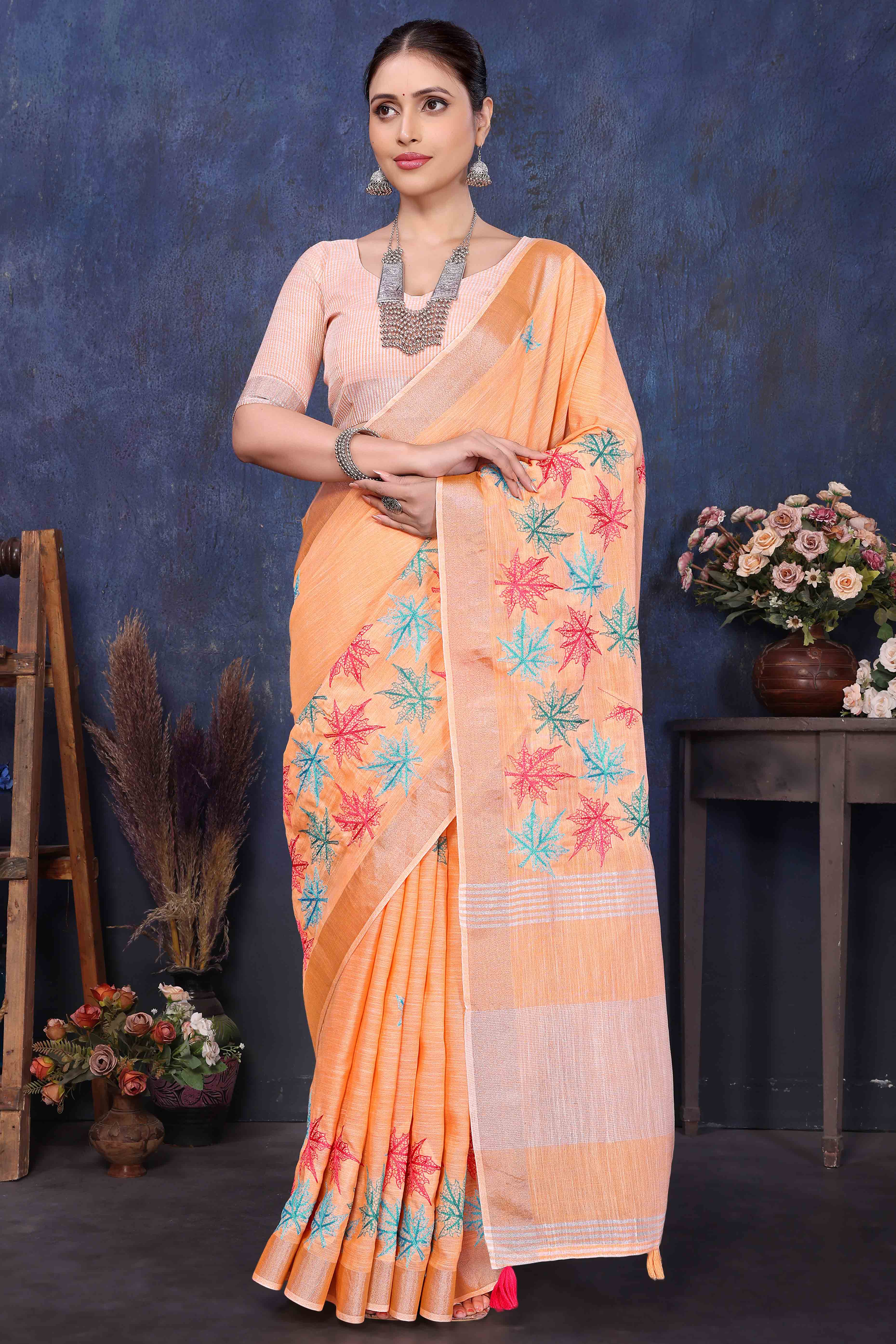 Orange Floral Embroidered Cotton Silk Saree