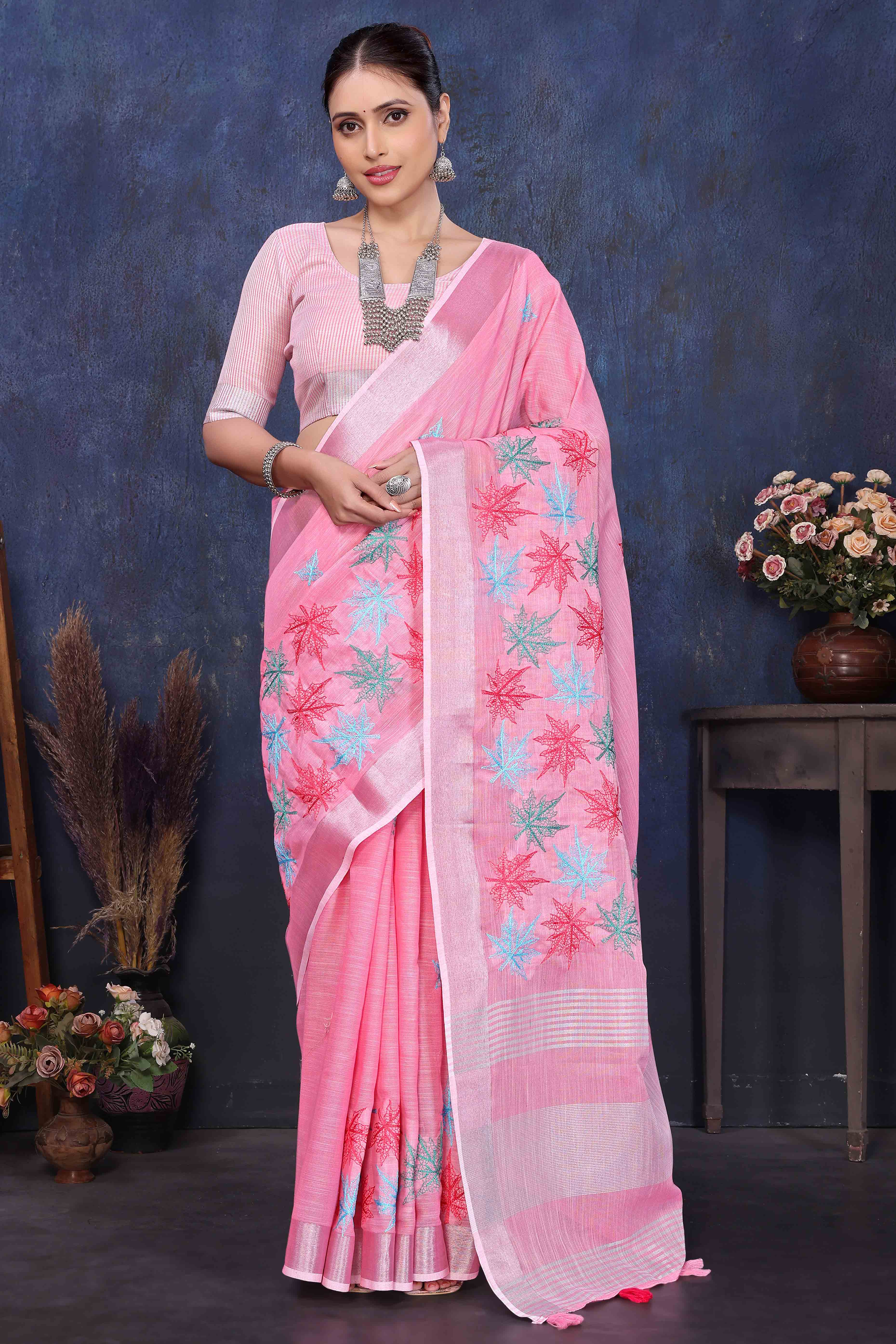 Pink Floral Embroidered Cotton Silk Saree