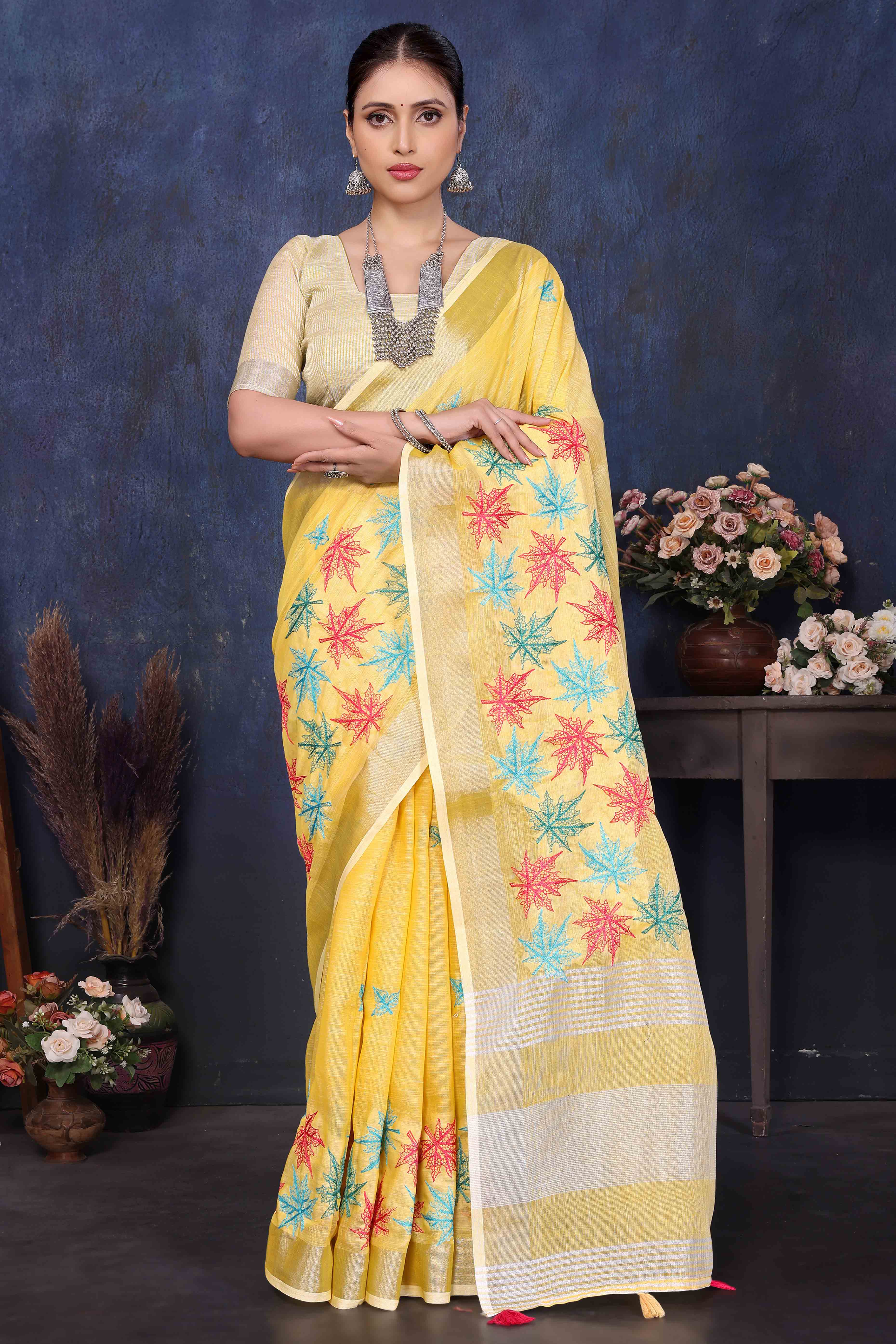 Yellow Floral Embroidered Cotton Silk Saree