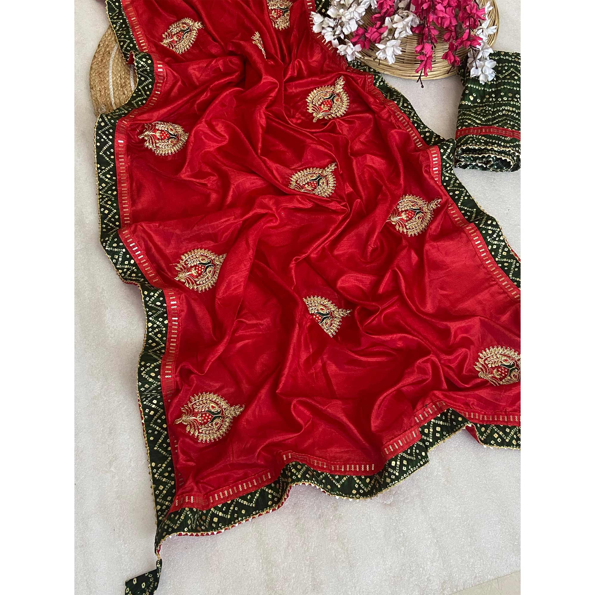 Red Zari Embroidered Vichitra Silk Saree