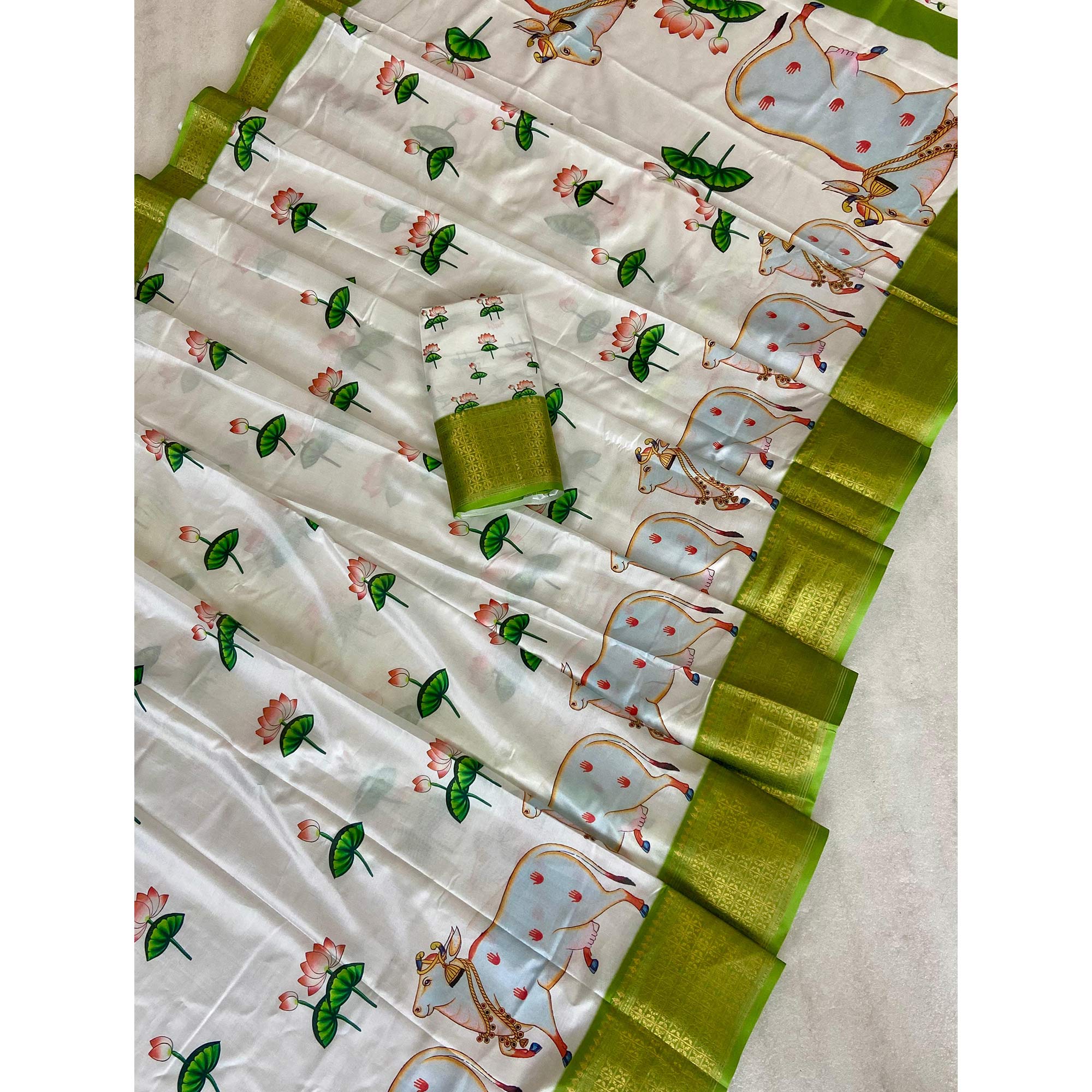 White Floral Printed Doal Silk Saree With Woven Broder
