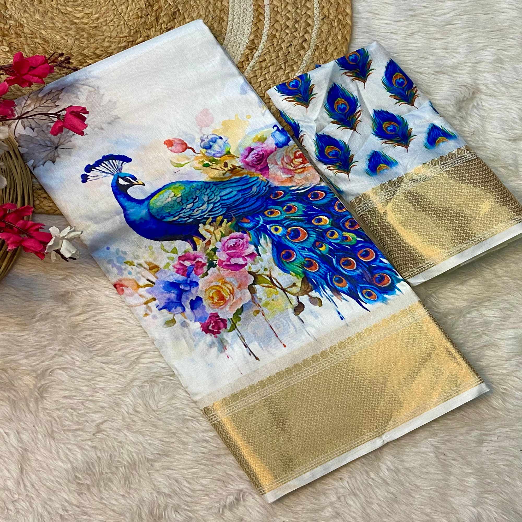 White & Blue Floral Printed Dola Silk Saree With Woven Broder