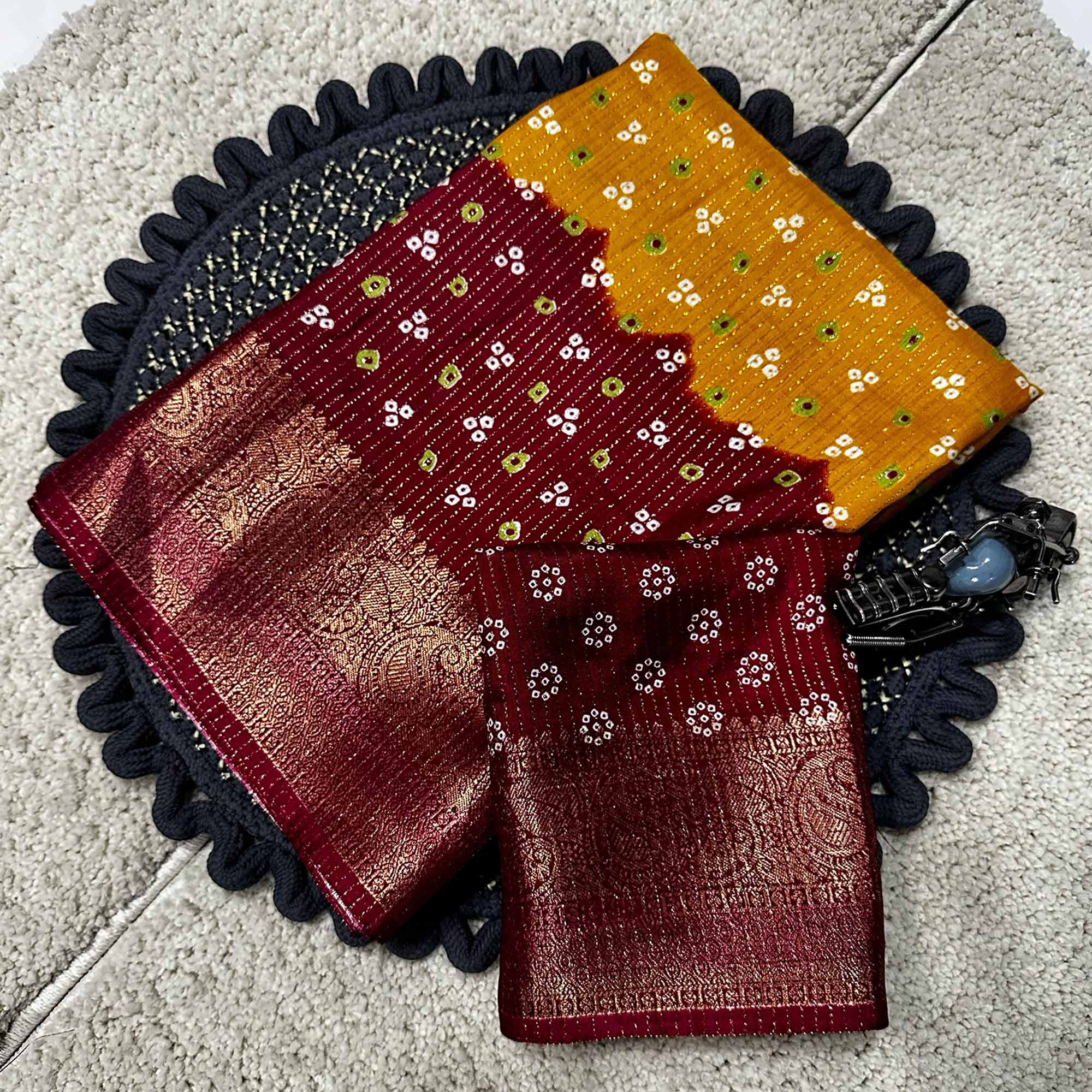 Mustard Saree in Dola Silk with All-Over Bandhani Print and Zari Highlights