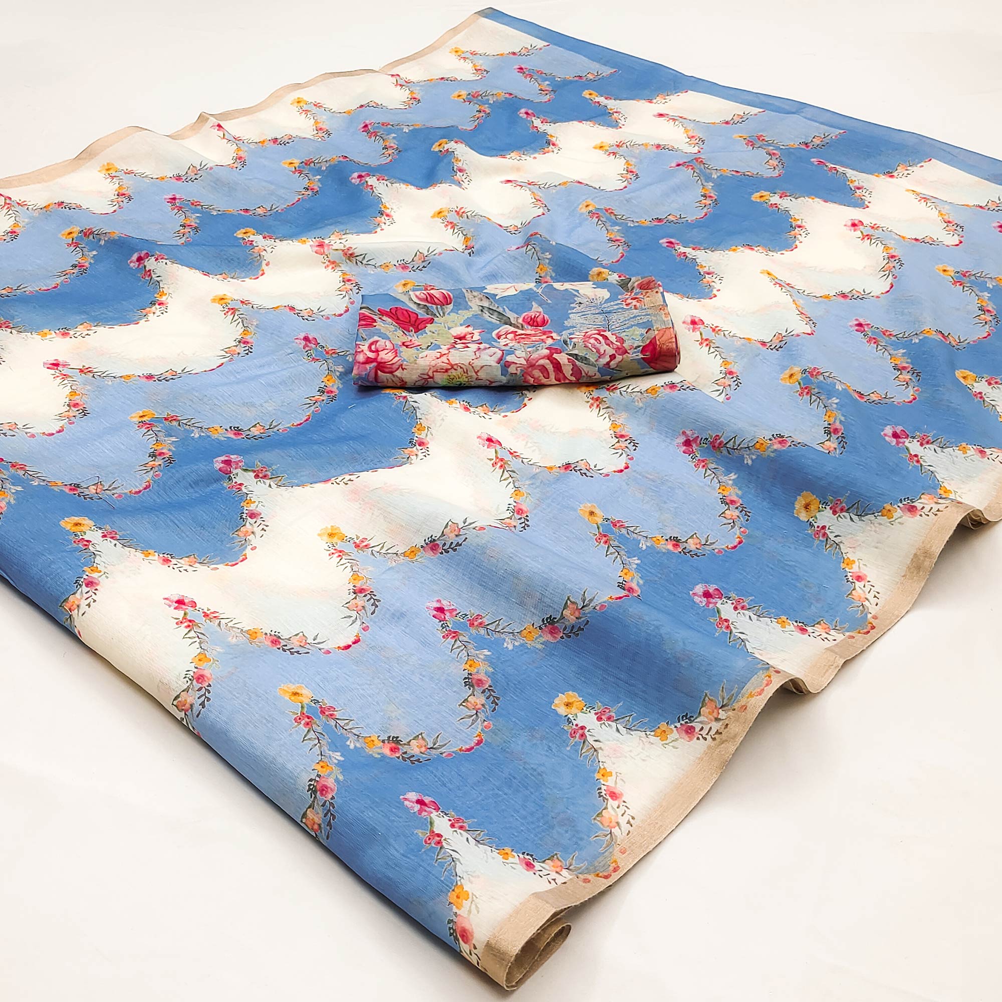 Blue Floral Digital Printed Chanderi Cotton Saree