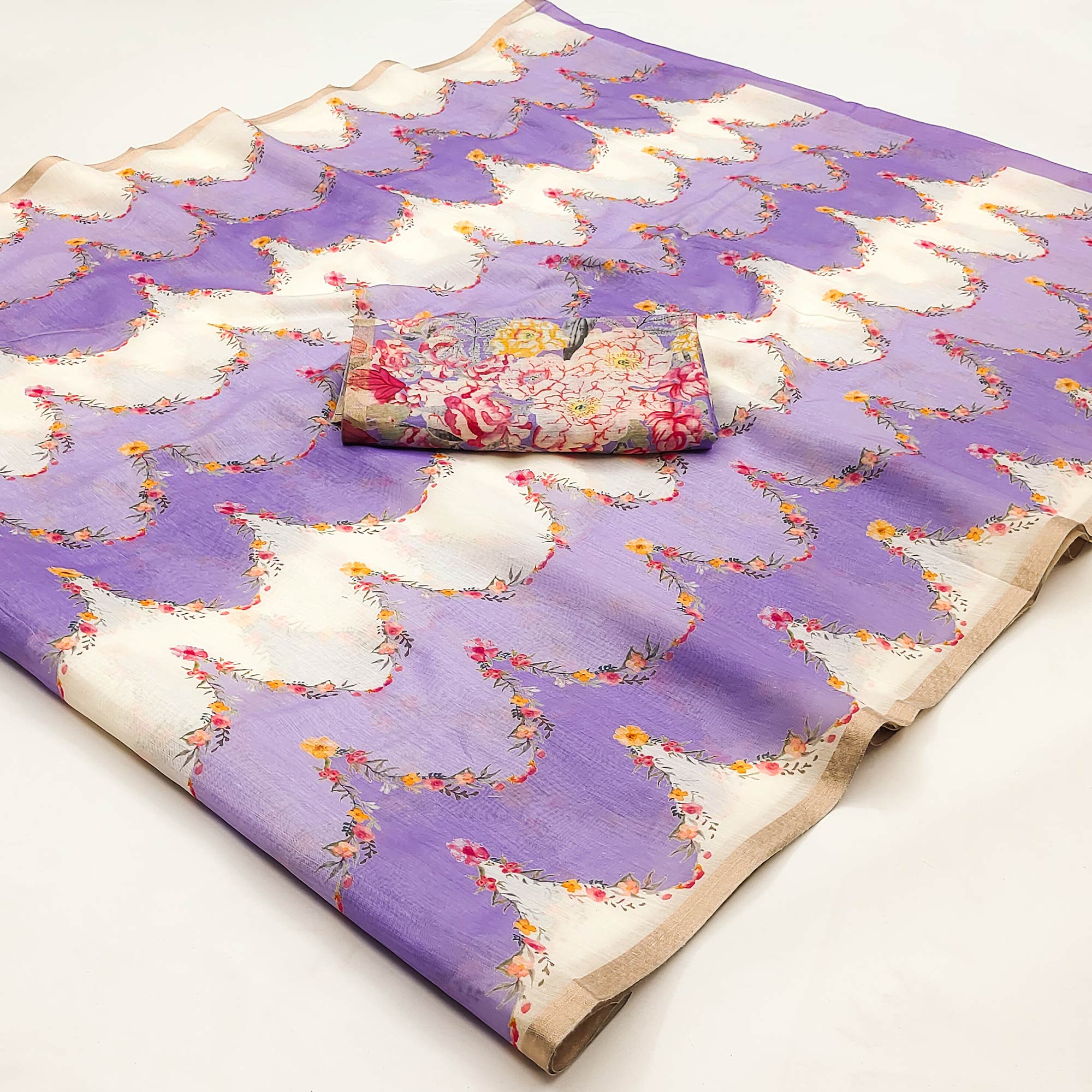Lavender Floral Digital Printed Chanderi Cotton Saree