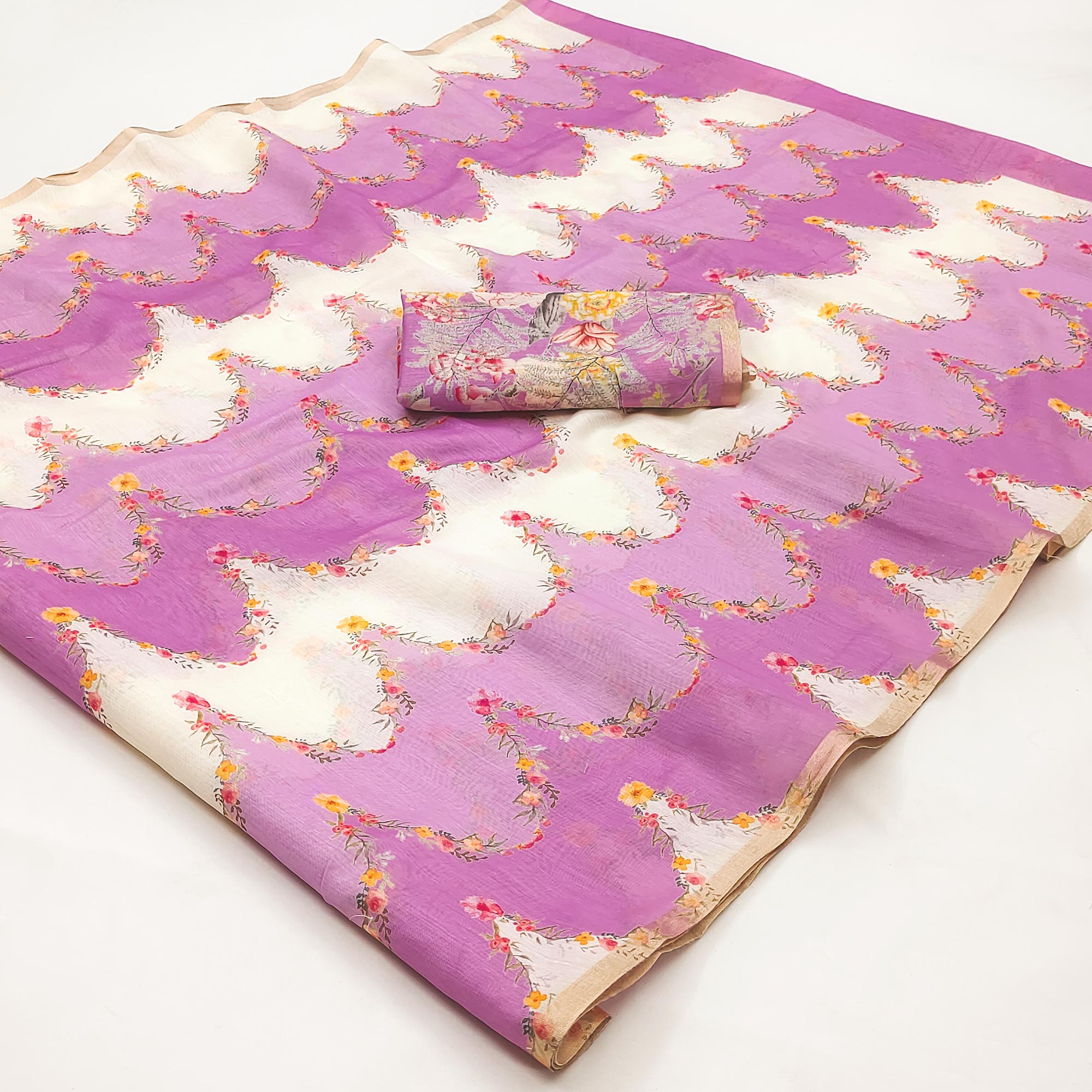 Light Magenta Floral Digital Printed Chanderi Cotton Saree