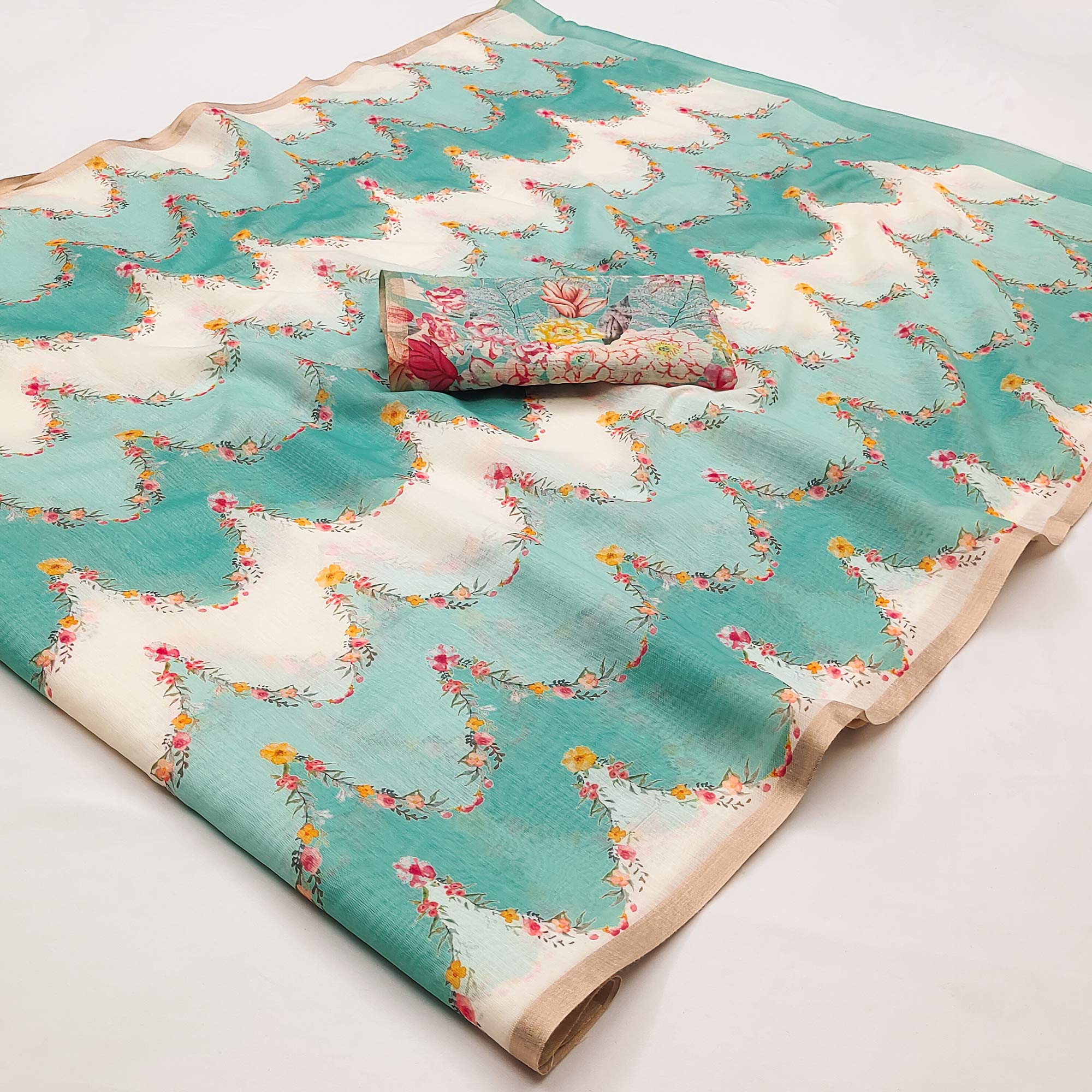 Turquoise Floral Digital Printed Chanderi Cotton Saree